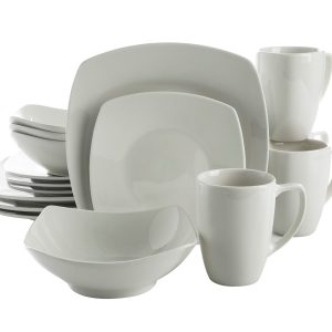 Gibson Home Zen Buffet 16-Piece Porcelain Dinnerware Set, Square Plates & Bowls, Service for 4, White