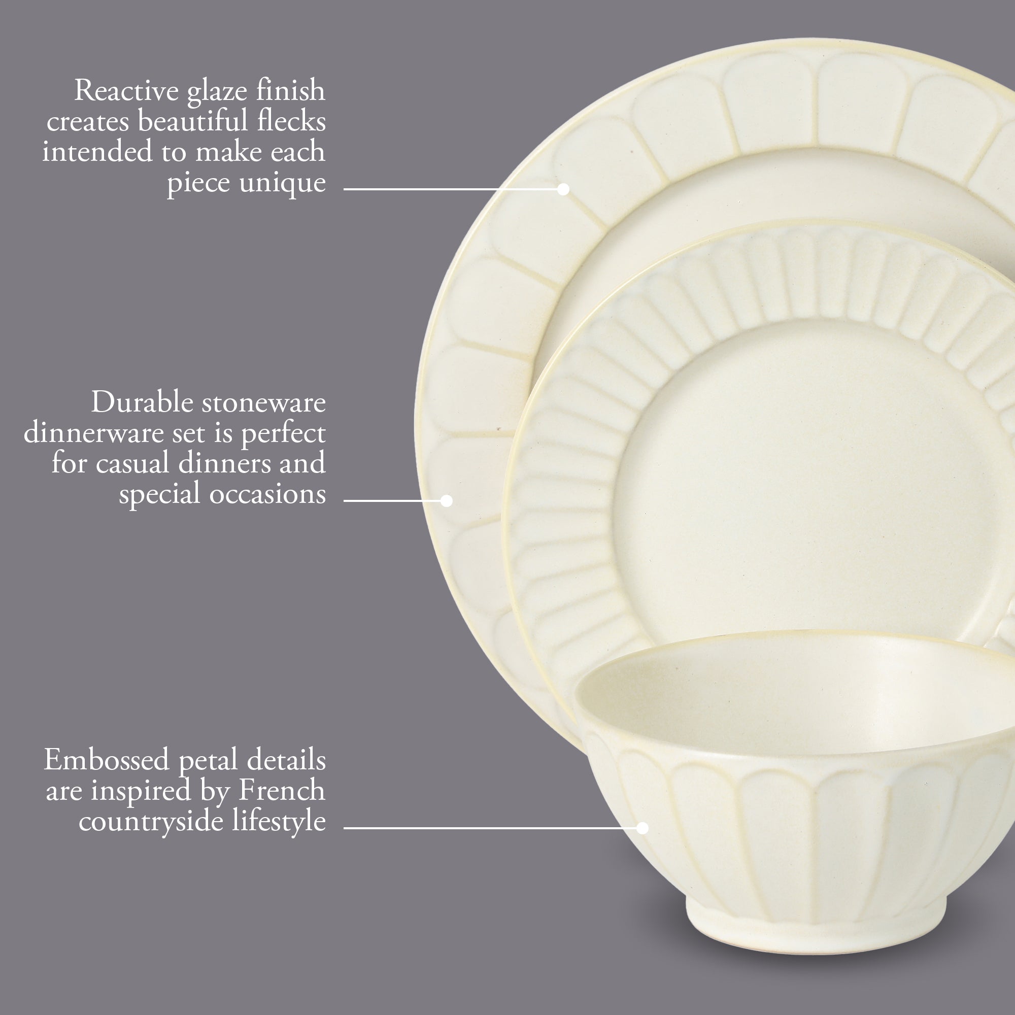 Gibson Elite Winchester Way 12-Piece Embossed Stoneware Dinnerware Set – Reactive Matte Glaze, Durable Lightweight-Tech Plates & Bowls, Everyday Dish Set, Microwave & Dishwasher Safe – Off-White - Image 3