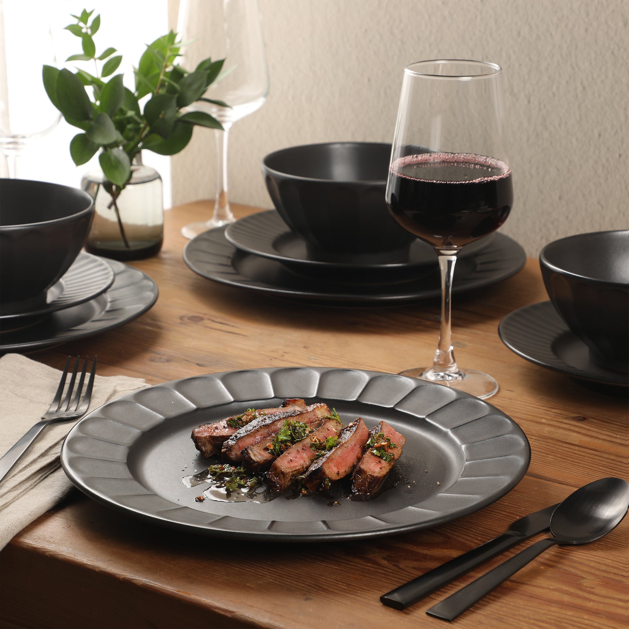 Gibson Elite Winchester Way 12-Piece Embossed Stoneware Dinnerware Set – Reactive Matte Glaze, Durable Lightweight-Tech Plates & Bowls, Everyday Dish Set, Microwave & Dishwasher Safe – Off-White - Image 12