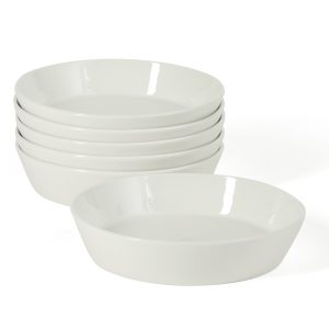 Martha Stewart Selma 6-Piece 41oz 8 Inch Large Pasta Bowls Porcelain Ceramic Chip and Scratch Resistant Shallow Salad Bowl, Serving Bowls, Soup Bowls Set, Dishwasher & Microwave Safe White