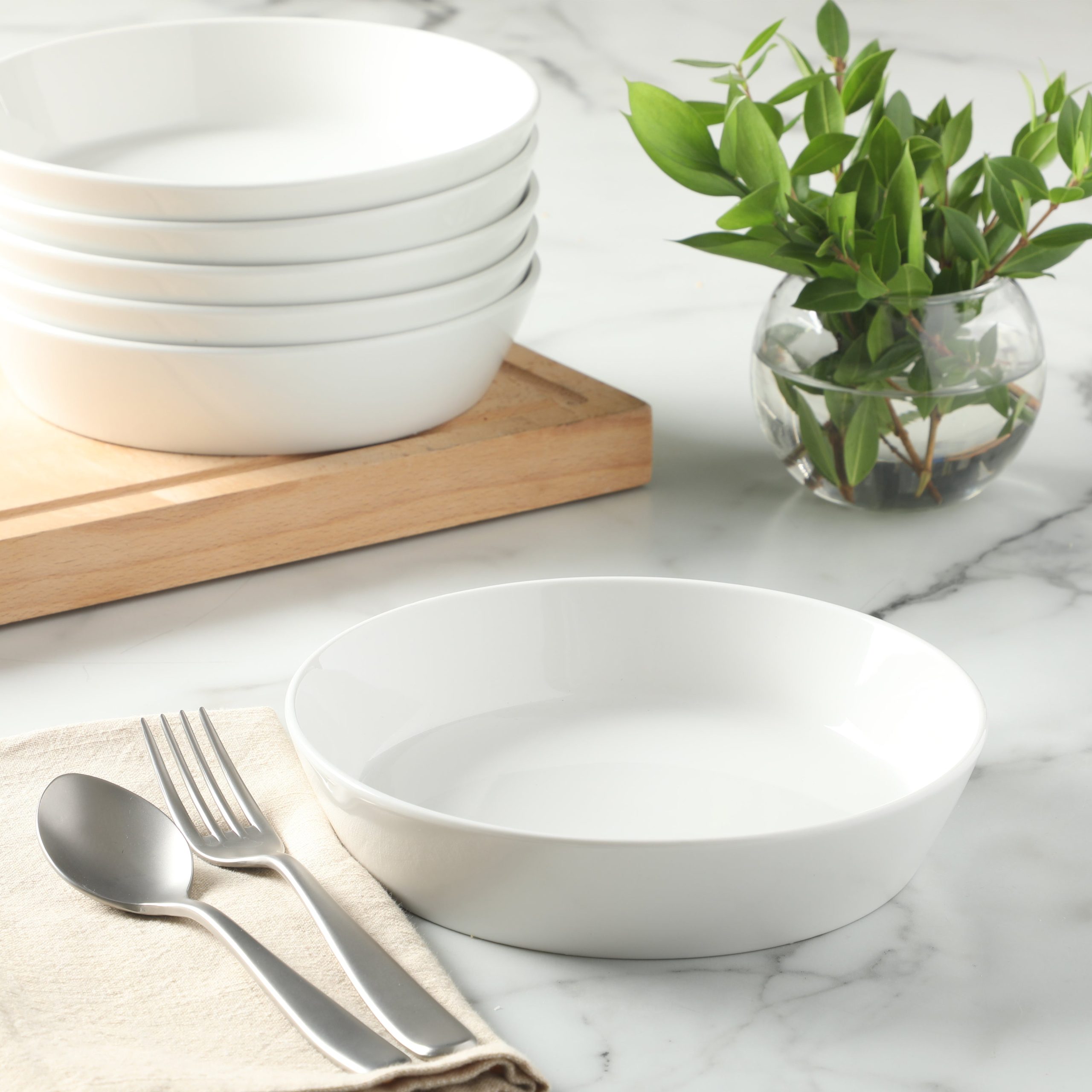 Martha Stewart Selma 6-Piece 41oz 8 Inch Large Pasta Bowls Porcelain Ceramic Chip and Scratch Resistant Shallow Salad Bowl, Serving Bowls, Soup Bowls Set, Dishwasher & Microwave Safe White - Image 4