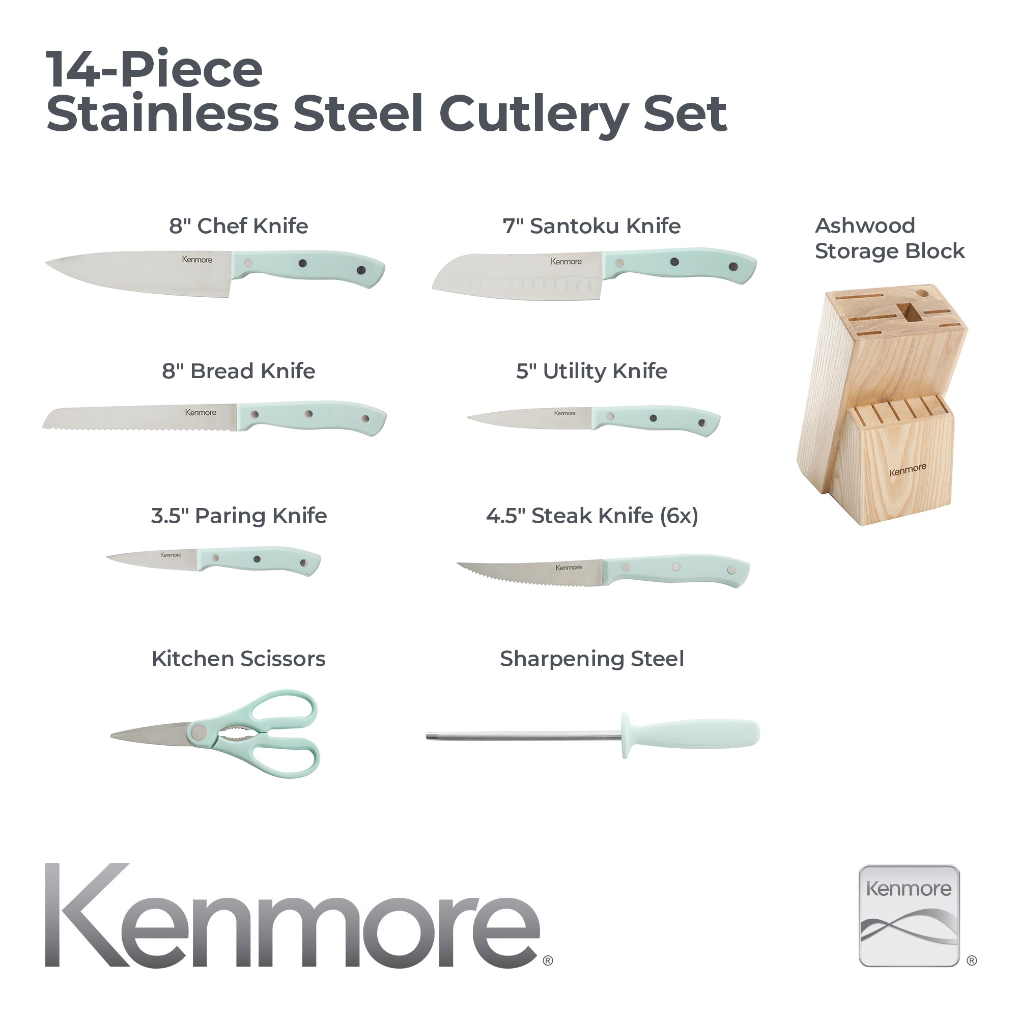 Kenmore Kane 14-Piece Cutlery Set w/ Rubber Coated Wood Knife Block - Image 2