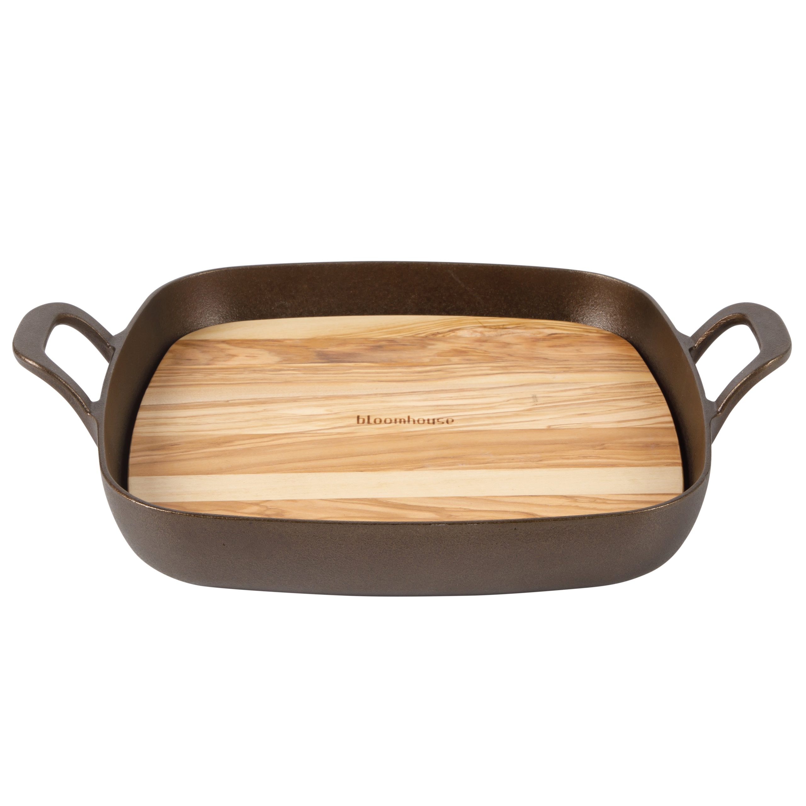 Bloomhouse Natural Bronze Finish 12-Inch Square Cast Iron Grill Pan – Olive Oil Treated Surface with Dual Handles & Olive Wood Trivet, Oven, Grill & Campfire Safe - Image 4