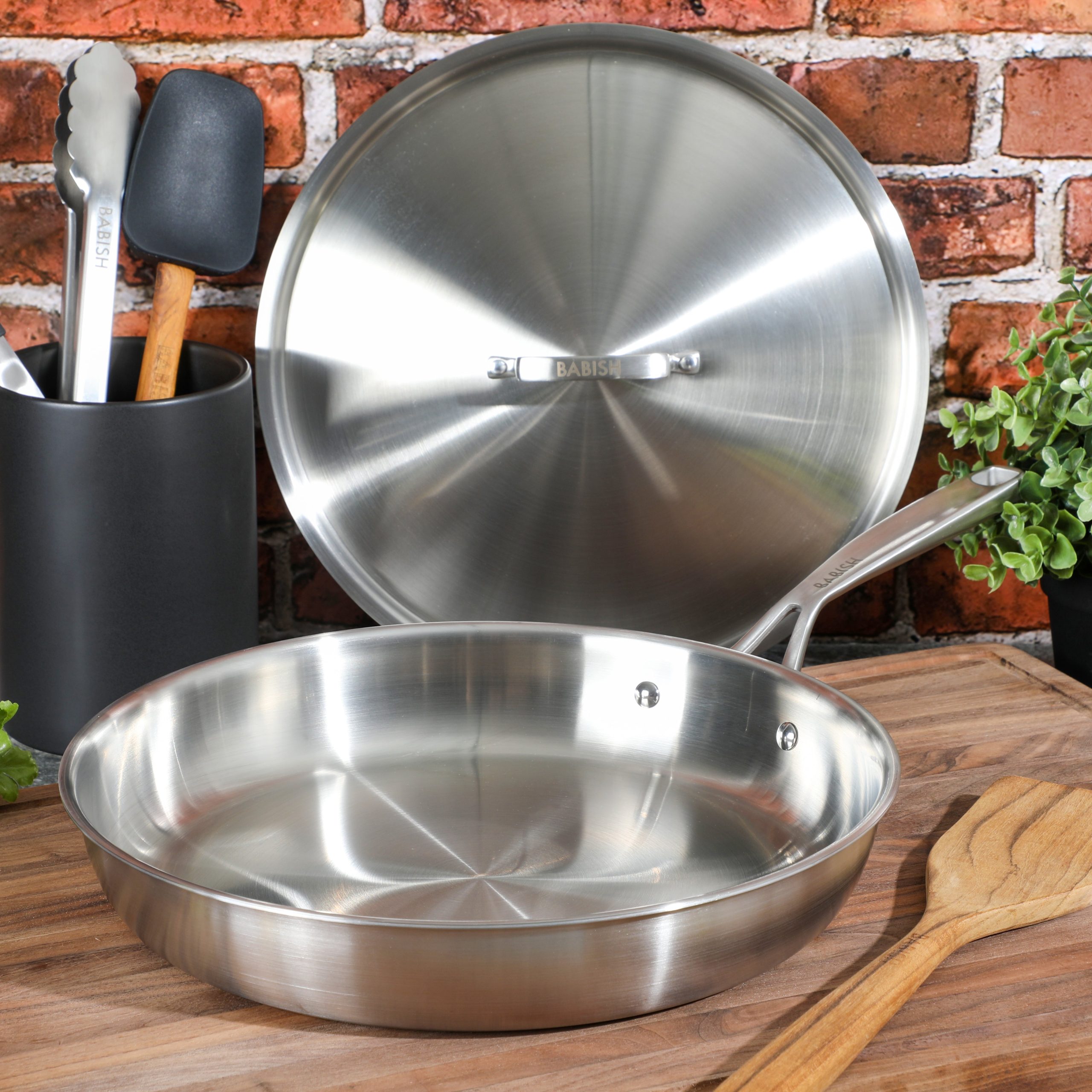 Babish 12 Inch Stainless Steel Triply Professional Grade Fry Pan w/ Stainless Lid - Image 4