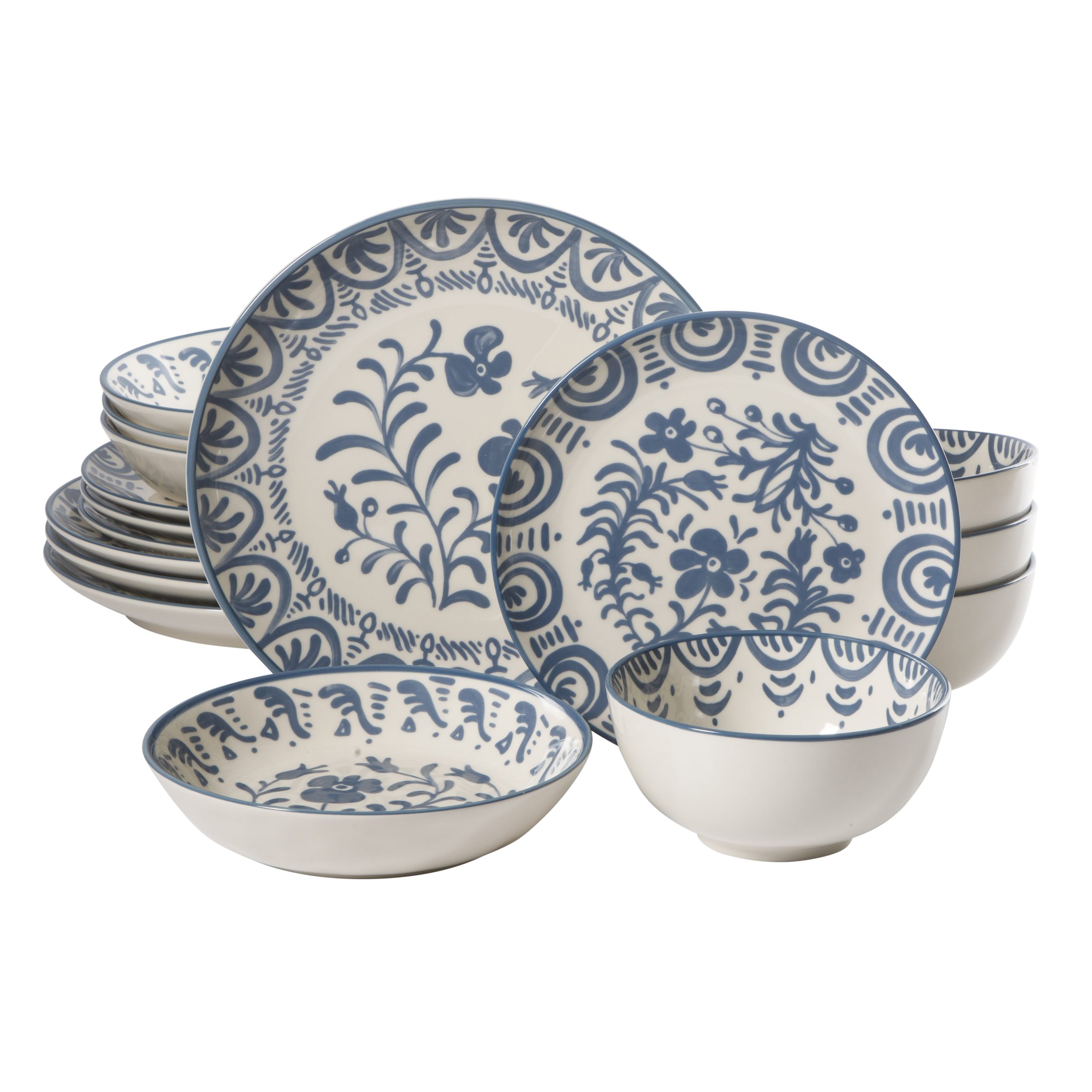 Bloomhouse - 2-Time Oprah’s Favorite Things - Valencia Flor 16 Piece Dinnerware Set, Artisanal Decorated Stoneware Plates & Bowls, Service for 4, Microwave & Dishwasher Safe, Iris Blue - Image 9