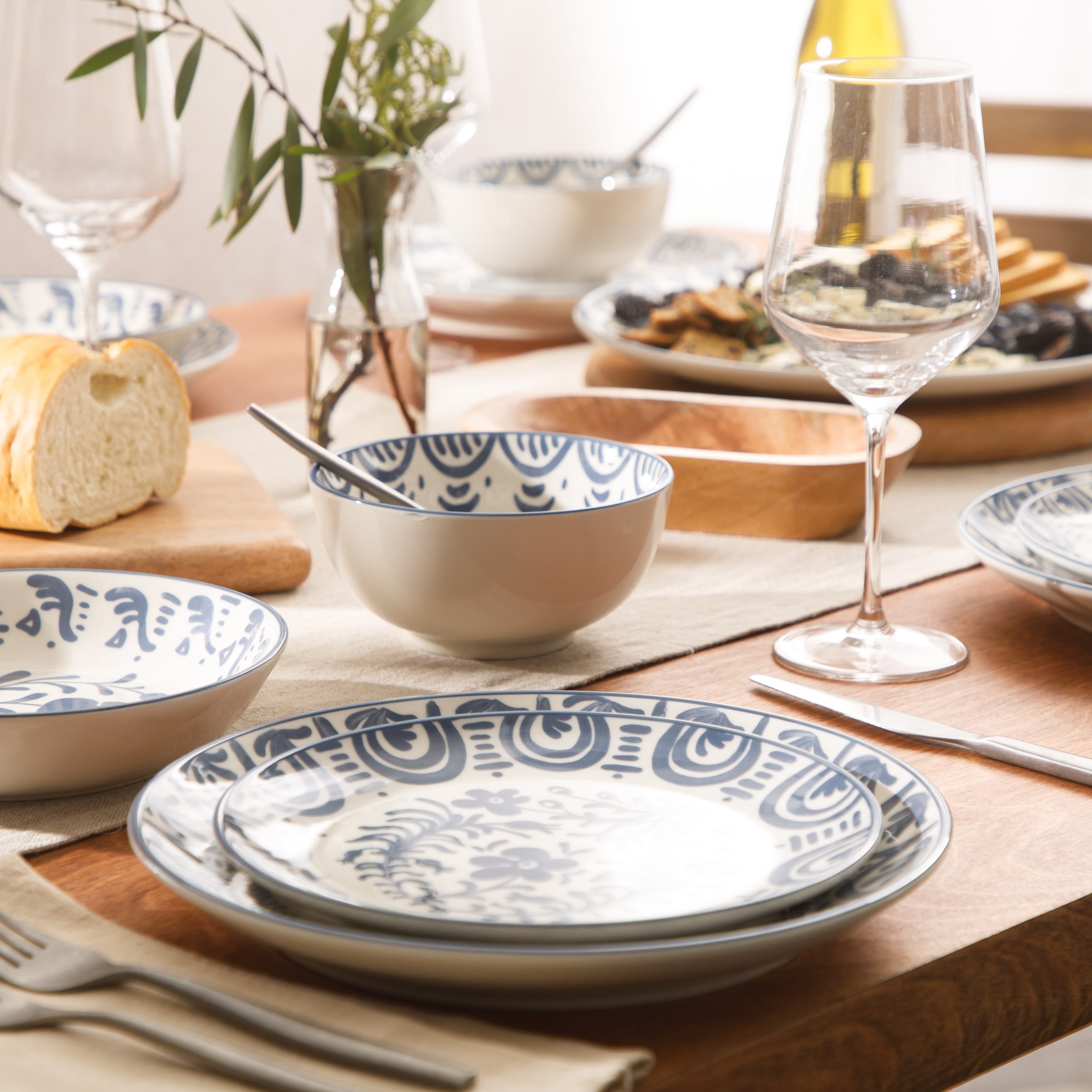 Bloomhouse - 2-Time Oprah’s Favorite Things - Valencia Flor 16 Piece Dinnerware Set, Artisanal Decorated Stoneware Plates & Bowls, Service for 4, Microwave & Dishwasher Safe, Iris Blue - Image 2
