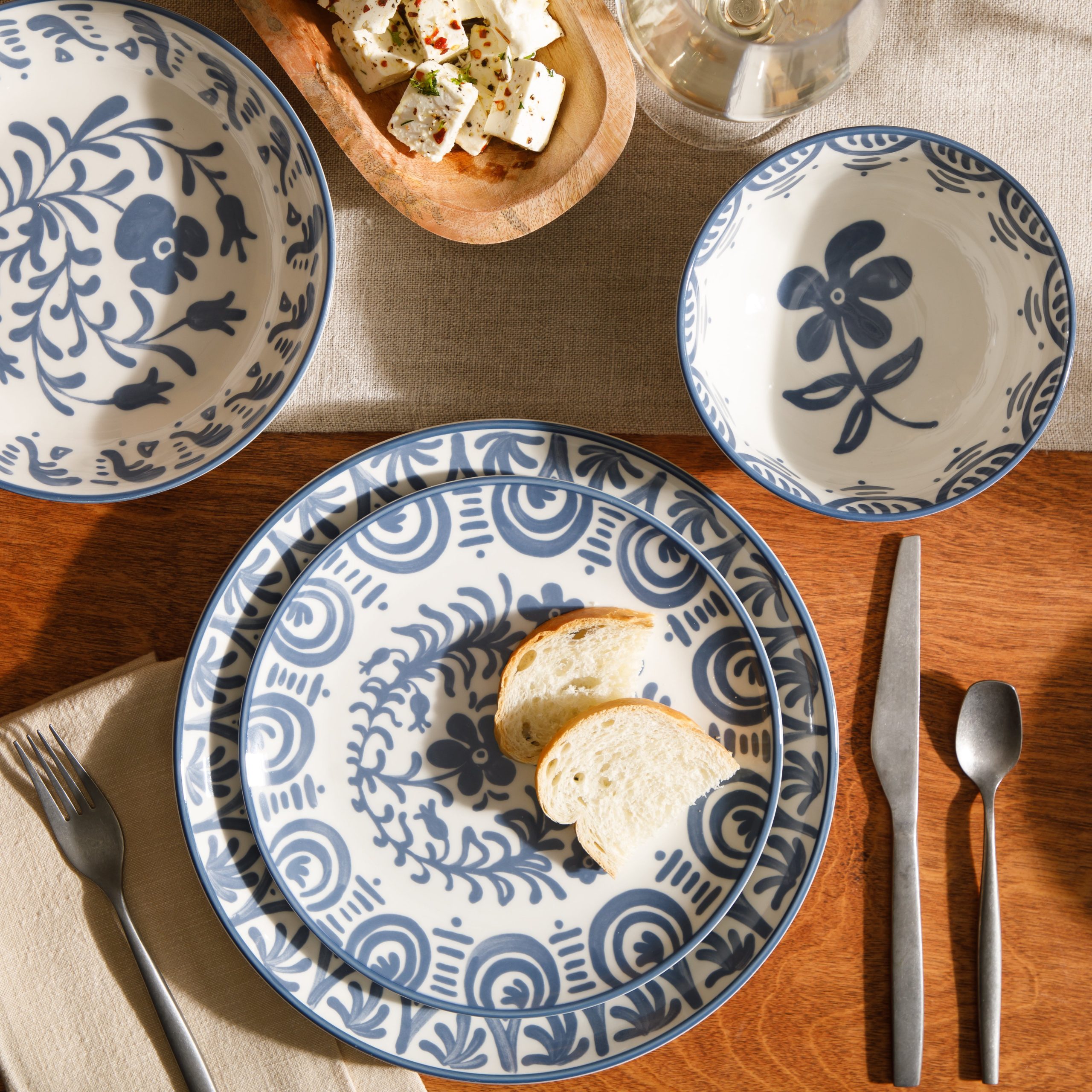 Bloomhouse - 2-Time Oprah’s Favorite Things - Valencia Flor 16 Piece Dinnerware Set, Artisanal Decorated Stoneware Plates & Bowls, Service for 4, Microwave & Dishwasher Safe, Iris Blue - Image 3