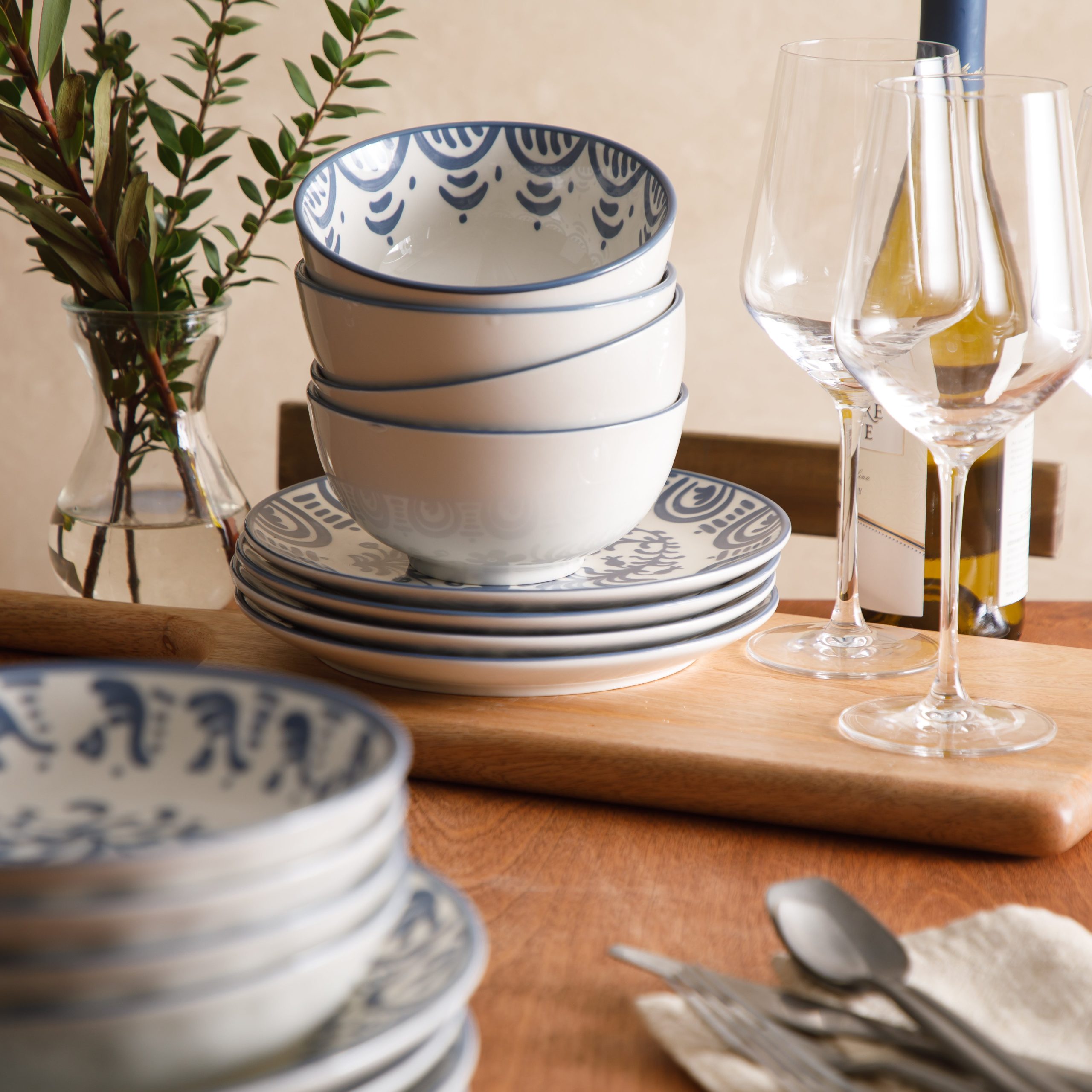 Bloomhouse - 2-Time Oprah’s Favorite Things - Valencia Flor 16 Piece Dinnerware Set, Artisanal Decorated Stoneware Plates & Bowls, Service for 4, Microwave & Dishwasher Safe, Iris Blue - Image 10