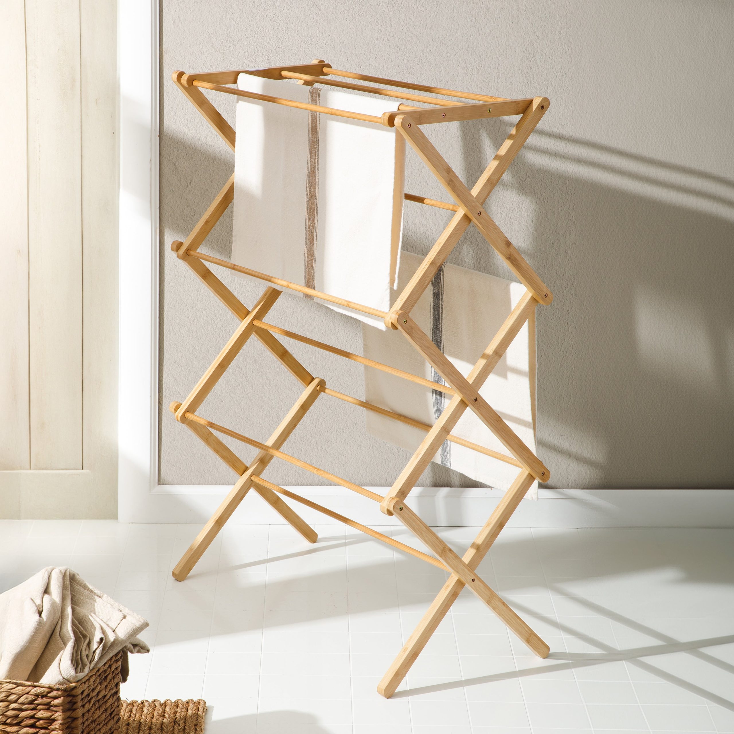 Gibson Home Riverrun Foldable Bamboo Drying Rack for Clothes & Towels – 2-Tier Collapsible Laundry Drying Rack, Space-Saving Air Dry Stand for Clothes, Towels, Blankets, etc for Indoor & Outdoor Use - Image 3