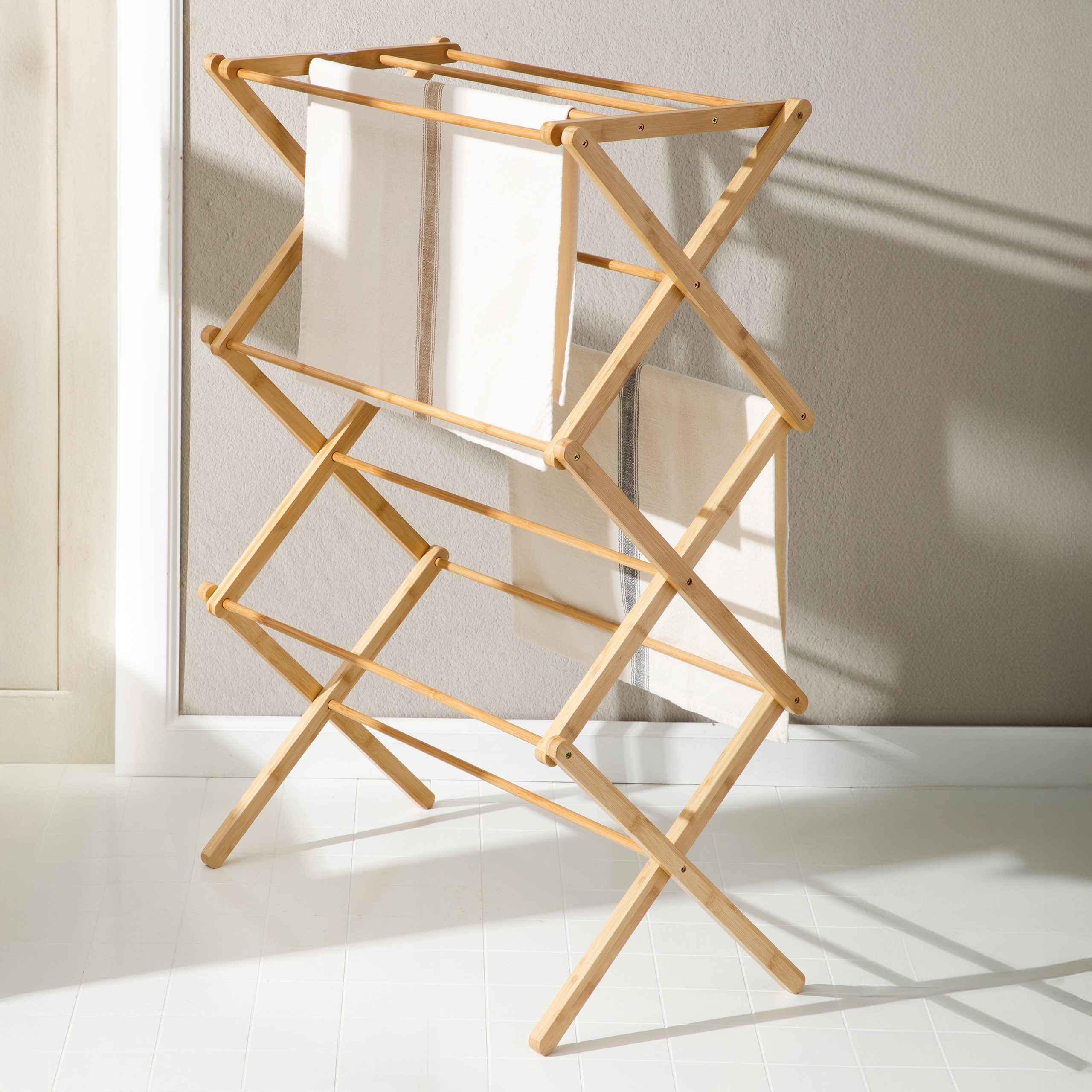 Gibson Home Riverrun Foldable Bamboo Drying Rack for Clothes & Towels – 2-Tier Collapsible Laundry Drying Rack, Space-Saving Air Dry Stand for Clothes, Towels, Blankets, etc for Indoor & Outdoor Use - Image 2