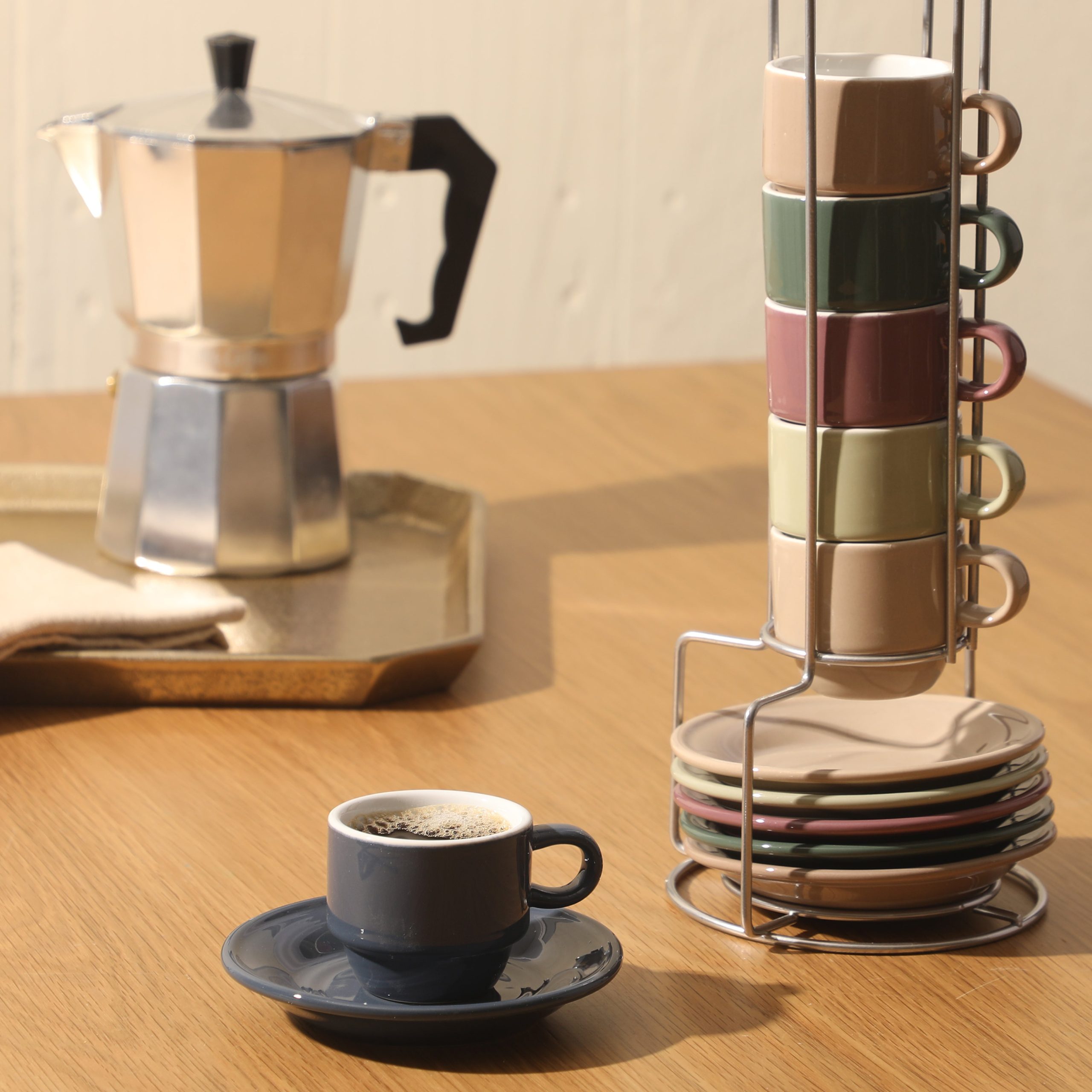 Gibson Home Brew Harmony 13 Piece Espresso Cup Set with Metal Rack, Stoneware Espresso Cups & Saucers, Solid Color Stackable Coffee Set, Café Style, Dishwasher & Microwave Safe - Image 2
