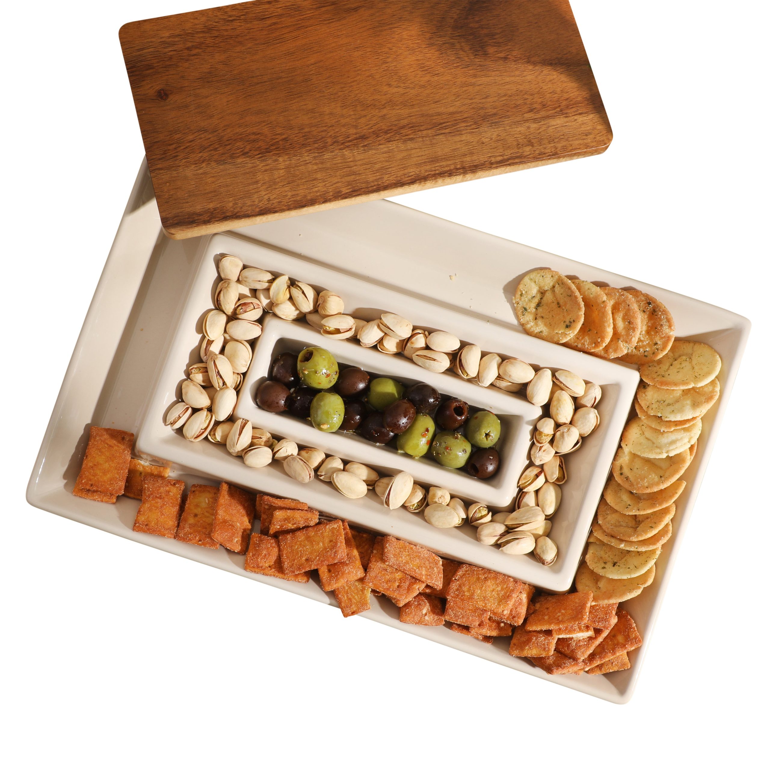 Gibson Elite 3-Section Stoneware Serving Tray with Acacia Lid – Taupe Rectangular Chip & Dip, Condiment, Snack and Appetizer Server for Parties & Entertaining - Image 5