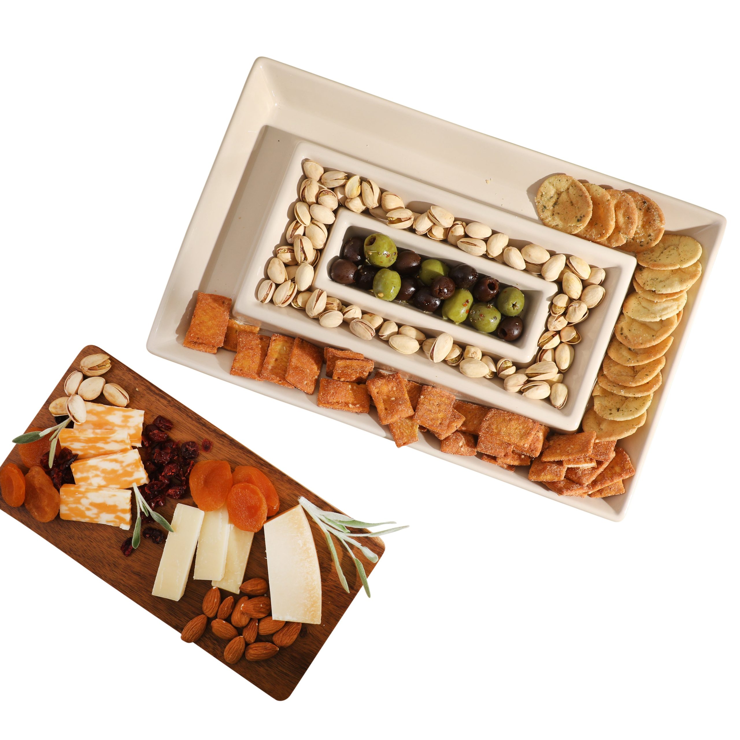 Gibson Elite 3-Section Stoneware Serving Tray with Acacia Lid – Taupe Rectangular Chip & Dip, Condiment, Snack and Appetizer Server for Parties & Entertaining - Image 6