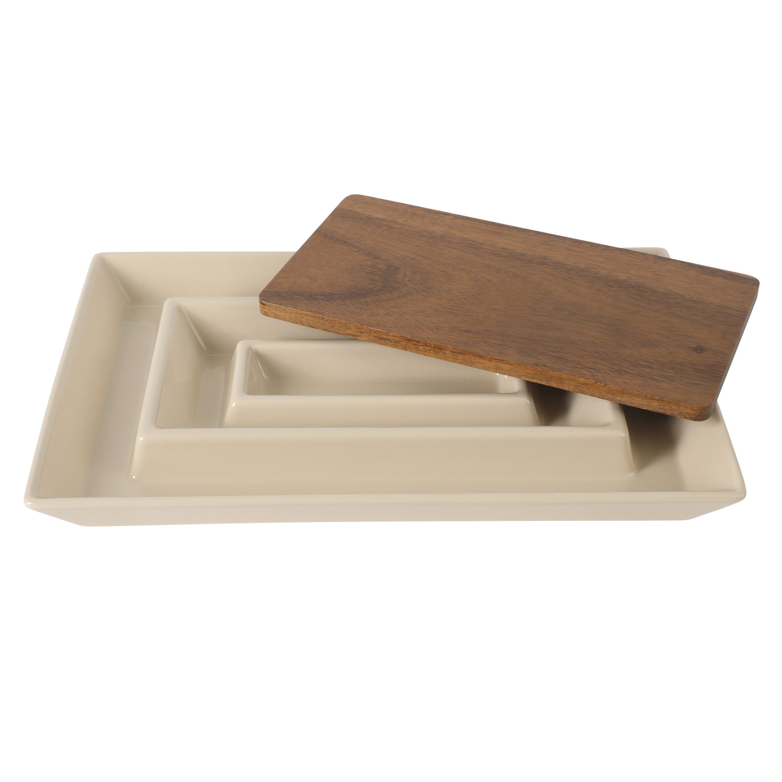 Gibson Elite 3-Section Stoneware Serving Tray with Acacia Lid – Taupe Rectangular Chip & Dip, Condiment, Snack and Appetizer Server for Parties & Entertaining - Image 8