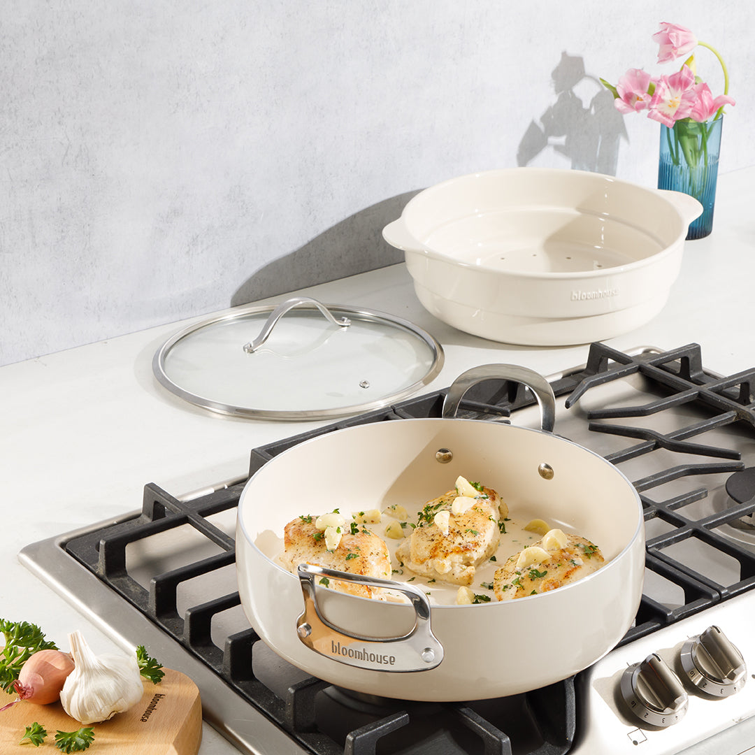 Bloomhouse 6-QT Aluminum Enamel Everyday Pan w/Non-Stick Non-Toxic Ceramic Interior and Ceramic Steamer Insert - Image 8