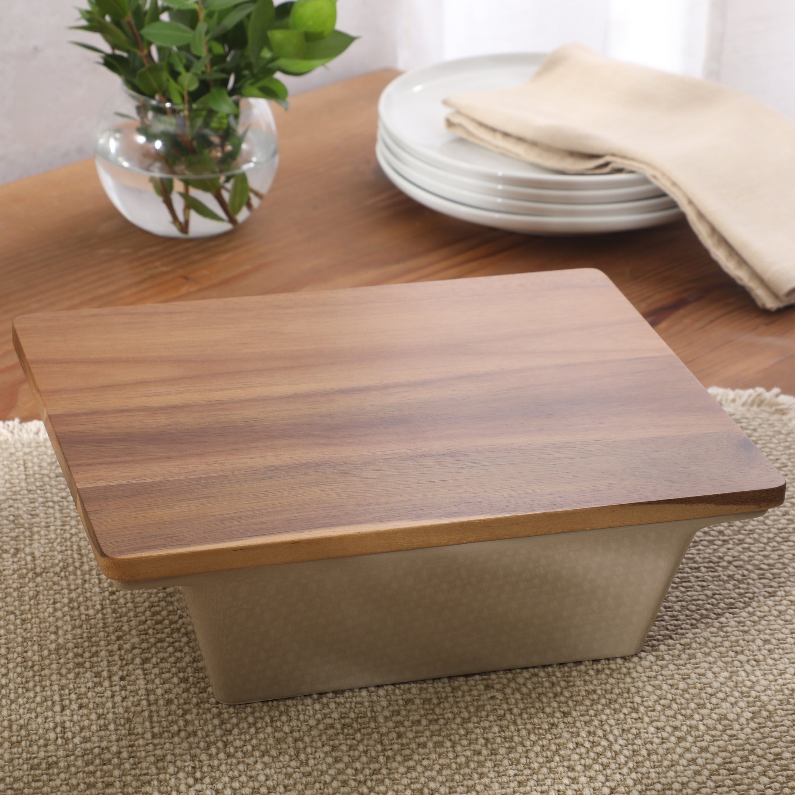 Gibson Elite 2-Quart 10" x 8.5" Stoneware Baking Dish with Acacia Wood Lid – Taupe Rectangular Oven Safe Baker for Casseroles, Roasting & Serving - Image 5