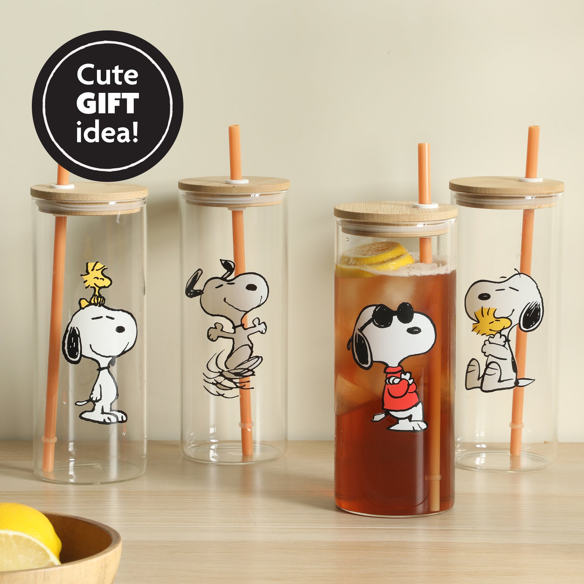 Peanuts Snoopy Happy Sips 4 Piece 23 OZ Tumbler Set with 4 Bamboo Lids and 4 Straws Set, Iced Coffe, Smoothie, Water Cup - Dishwasher Safe - Image 5