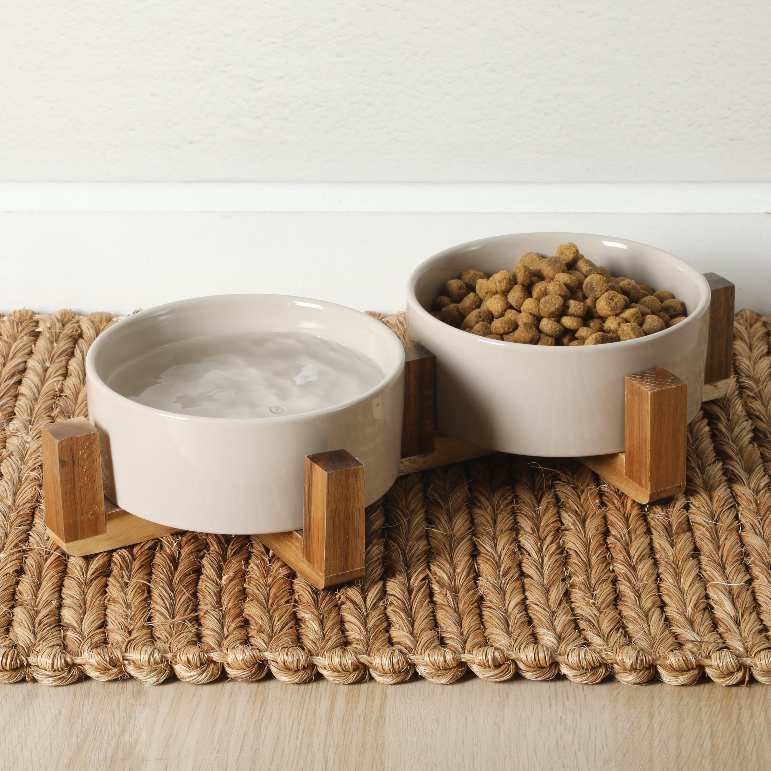 Gibson Home Zoomie Bites Ceramic Dog and Cat Bowl with Acacia Wood Stand Non-Slip Matte Glaze Weighted Food Water Set for Cats & Small/Medium Sized Dogs, 5.5" Bowls - Image 2