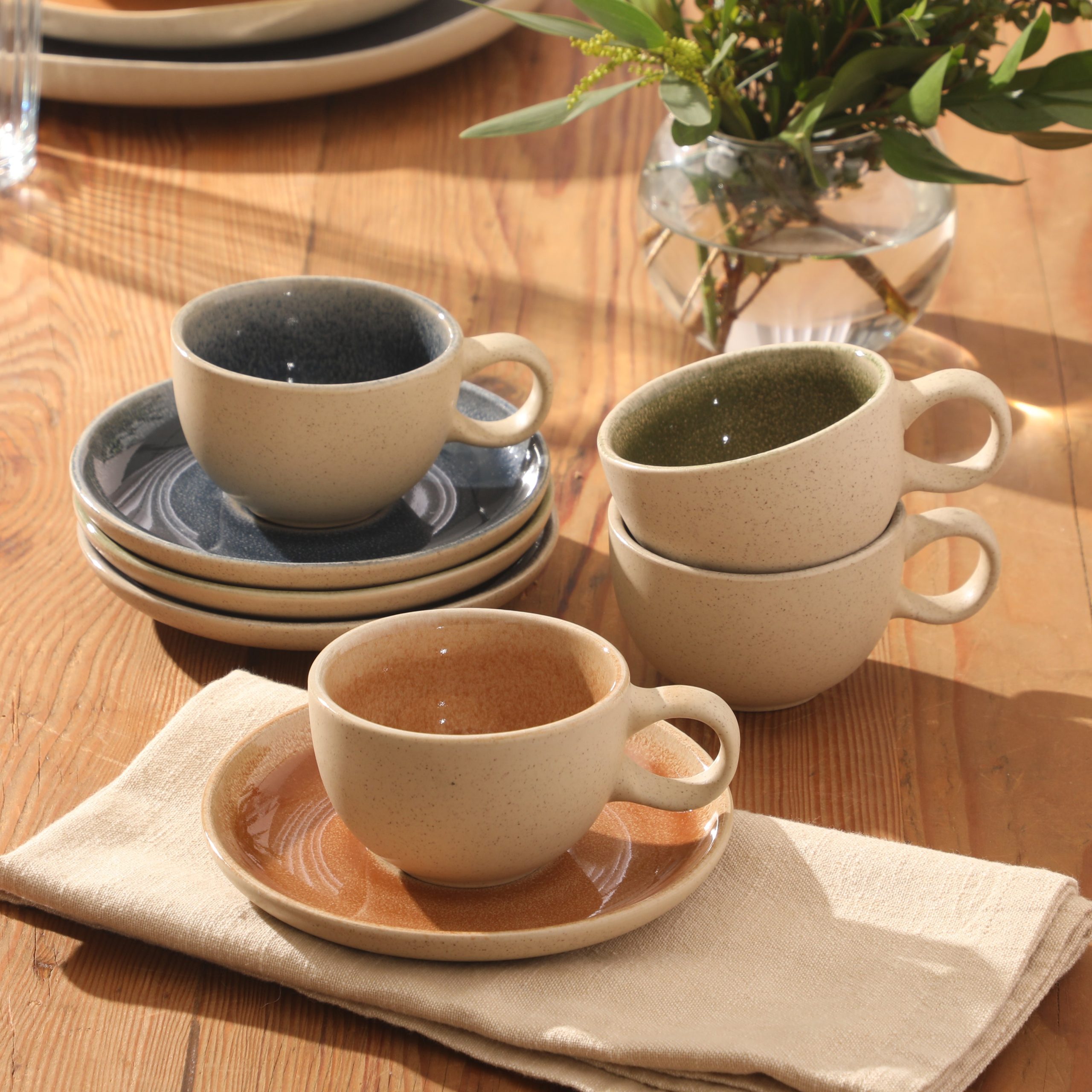 Gibson Elite Manila Bay 8-Piece Stoneware 5 oz Cup and Saucer Set, Reactive Glaze Espresso & Coffee Cups with Saucers, Assorted Colors - Image 3