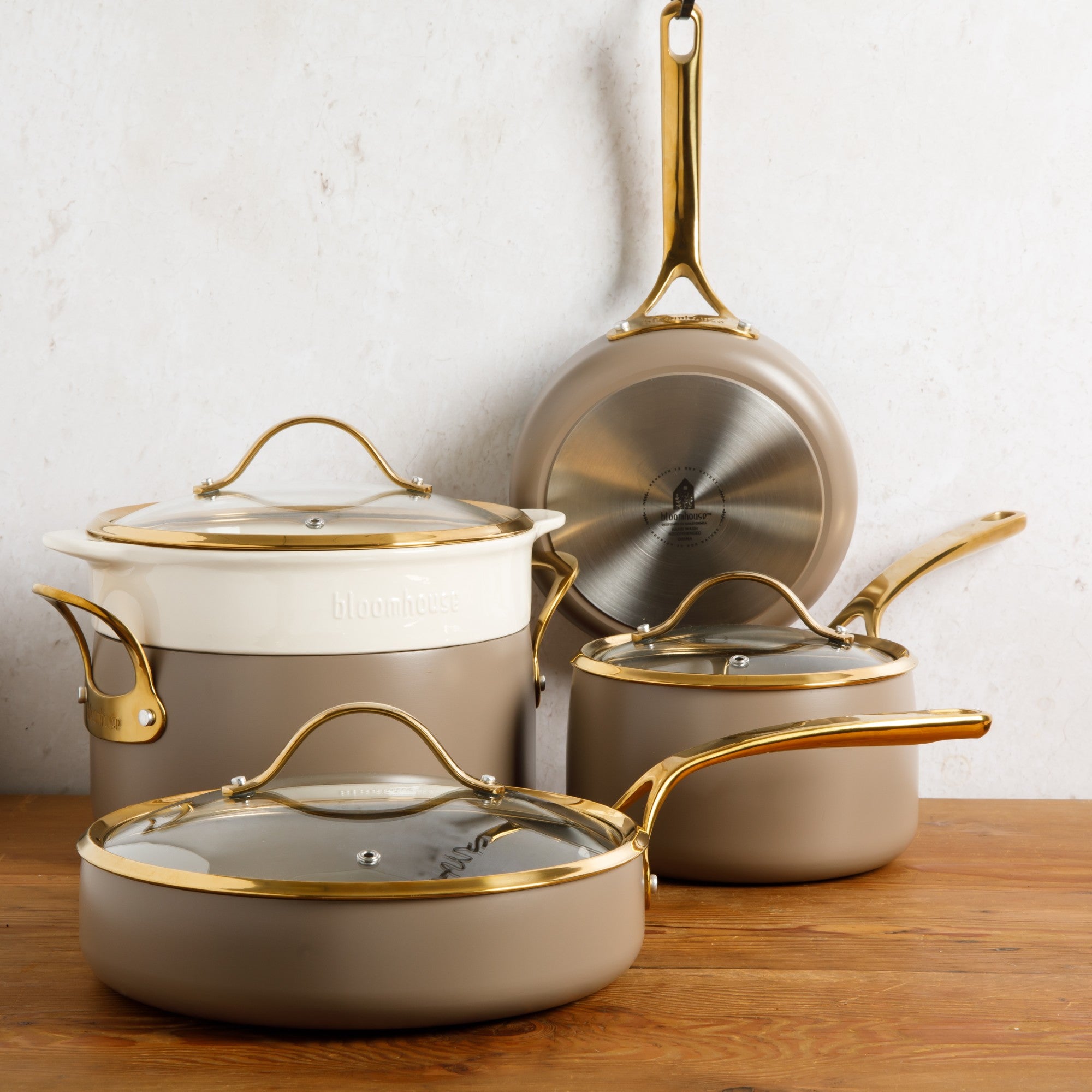 Bloomhouse 8 Piece Pots and Pans Heavy Duty Aluminum Premium PFA Free Ceramic Nonstick Dutch Oven Pot with Lid - Linen White with Gold Handle - Image 9