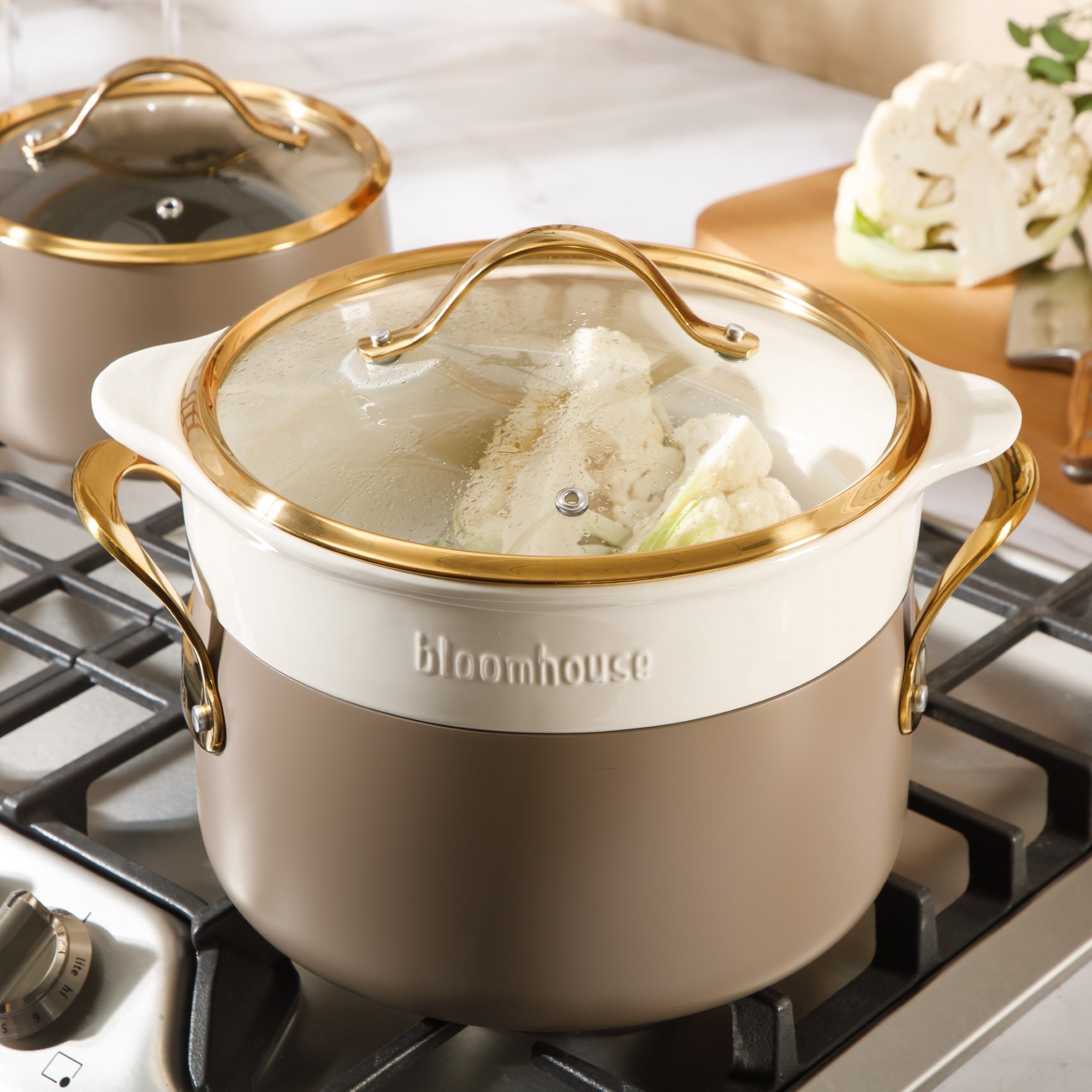 Bloomhouse 8 Piece Pots and Pans Heavy Duty Aluminum Premium PFA Free Ceramic Nonstick Dutch Oven Pot with Lid - Linen White with Gold Handle - Image 11
