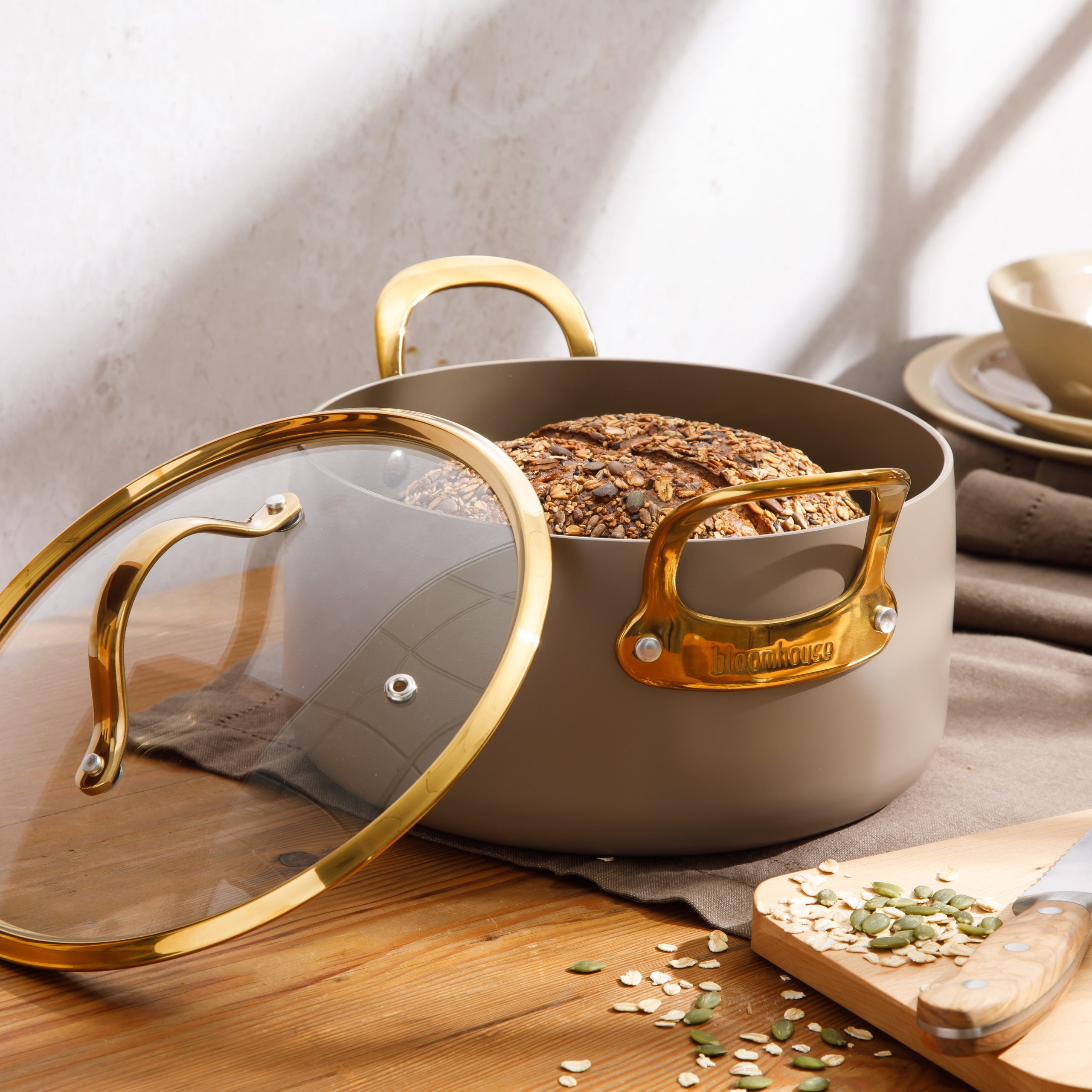 Bloomhouse 6 Quart Heavy Duty Aluminum Premium PFA Free Ceramic Nonstick Dutch Oven Pot with Lid - Linen White with Gold Handle - Image 13