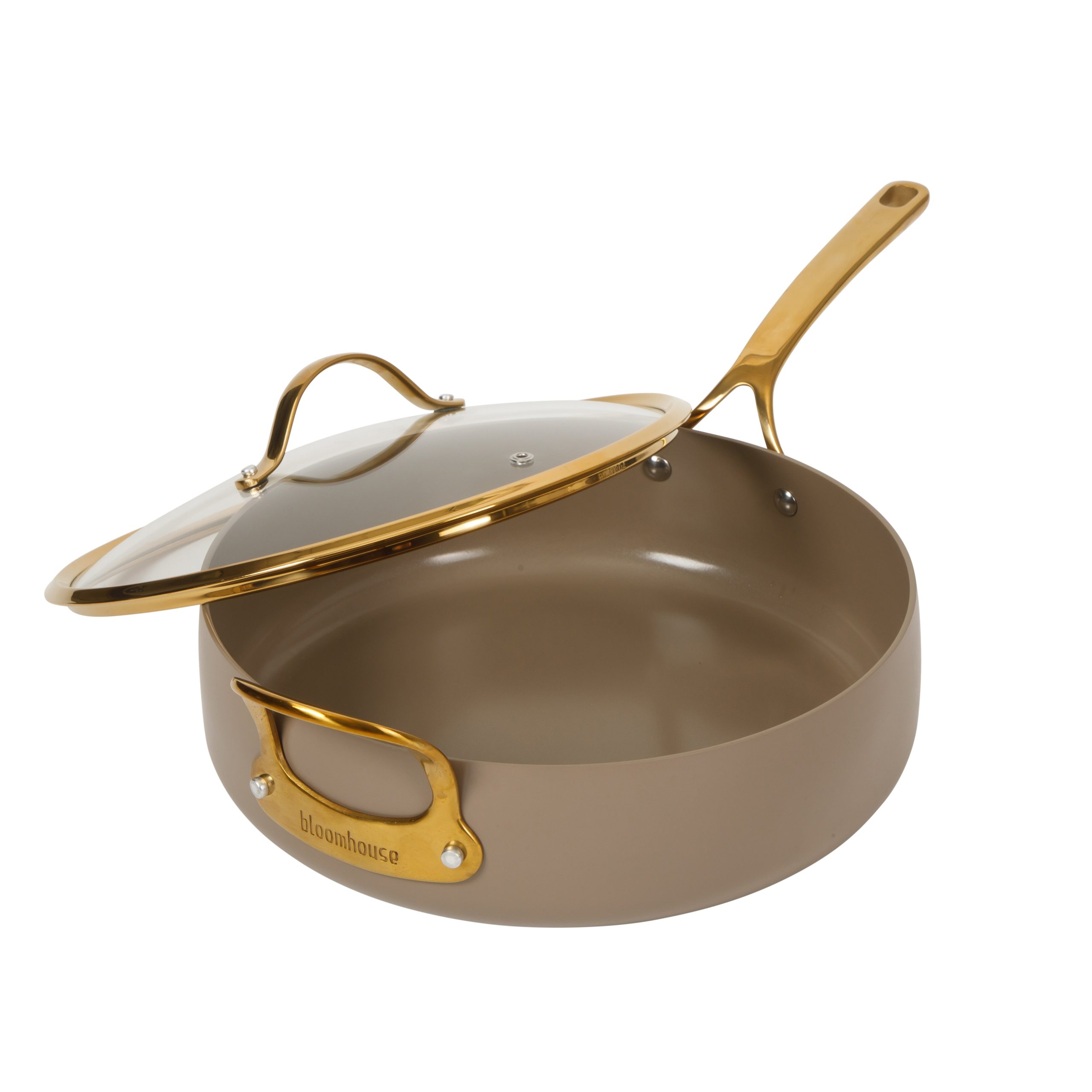 Bloomhouse 6 QT Heavy Duty Aluminum Premium PFA Free Ceramic Nonstick Saute/Deep Frying Pan Skillet with Lid - Linen White with Gold Handle - Image 14