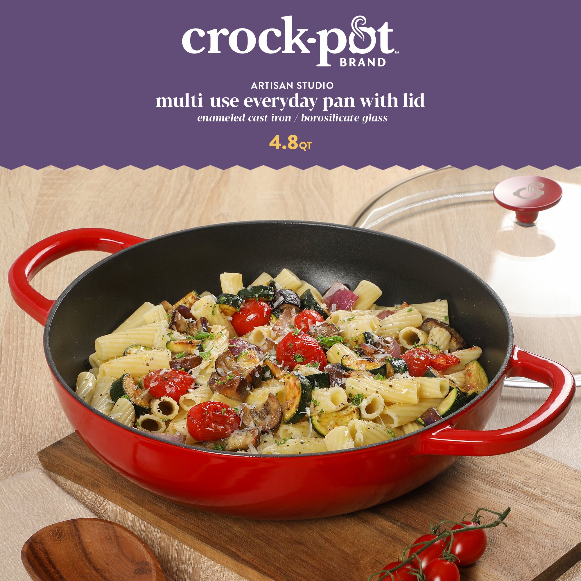 Crock-pot Artisan Studio Enameled Cast Iron Everyday Pan with Lid, 4.8 quarts, 12 inches, Borosilicate Glass Lid, Induction Base, Oven Safe, Red - Image 3