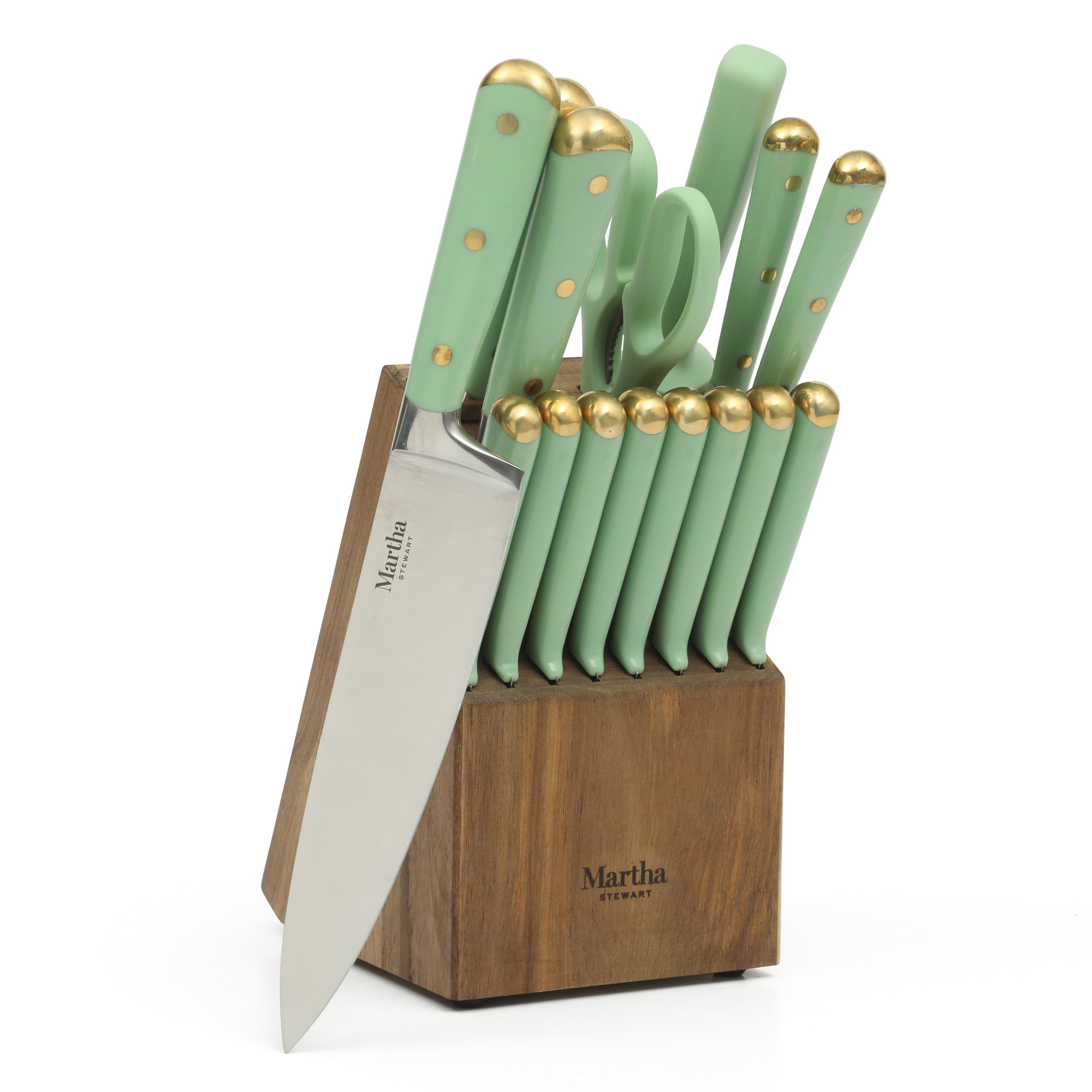 Martha Stewart 16 Piece Lockton High Carbon Stainless Steel Cutlery Kitchen Knife Block Set W/ ABS Tripe Riveted Forged Handle Acacia Wood Block - Image 6