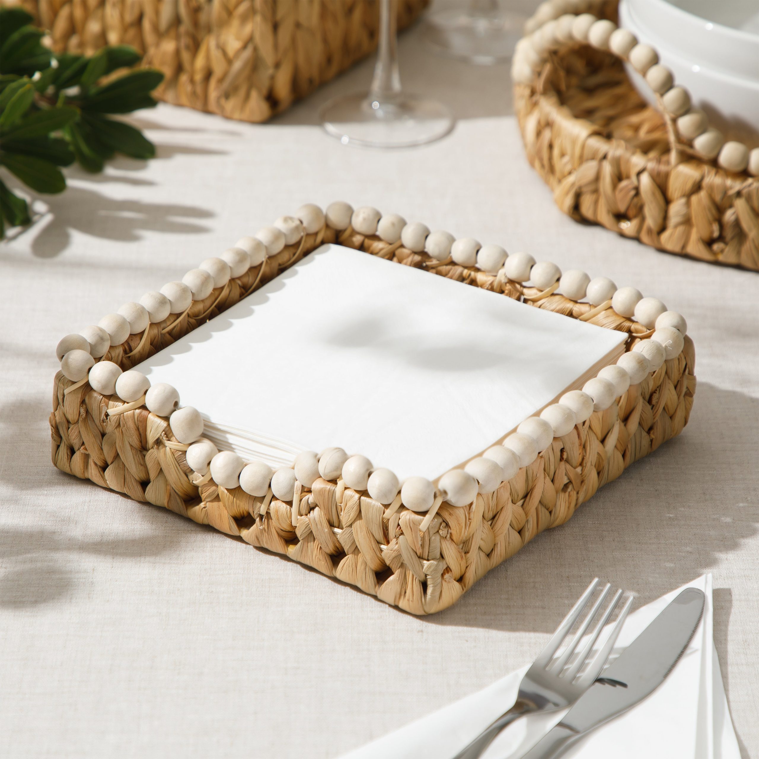 Gibson Home Riverrun Grove Woven Decorative Napkin Holder Tray – Natural Water Hyacinth Square Basket with Wood-Bead Trim for Napkins, Keys, Mail, Coffee Table Décor & Kitchen Counter Storage - Image 2