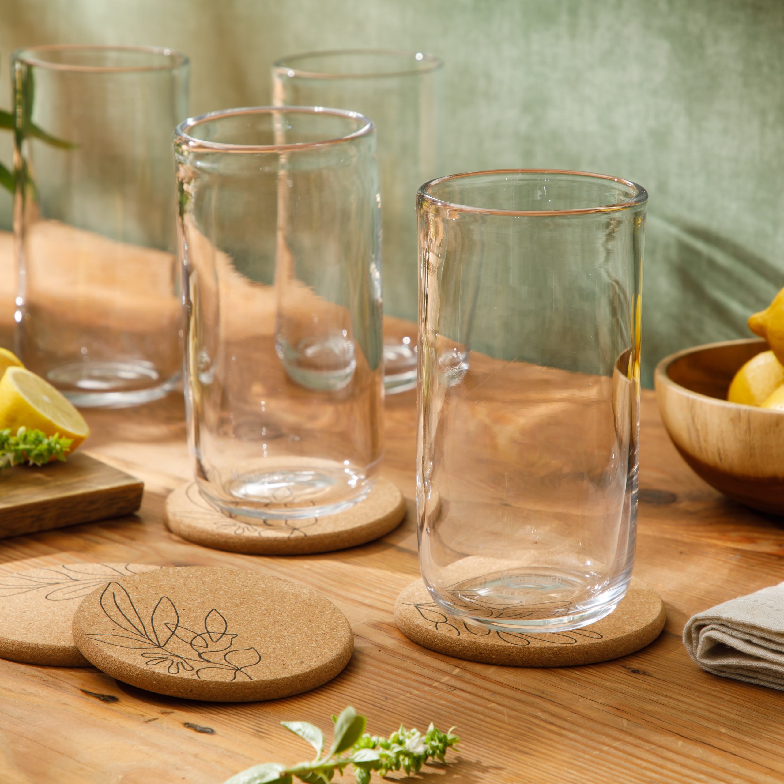 Bloomhouse Sayulita Spring 8 Piece Hand Made 21 OZ Jadeite Clear Glass Tumbler Set W/ Coasters - Image 4