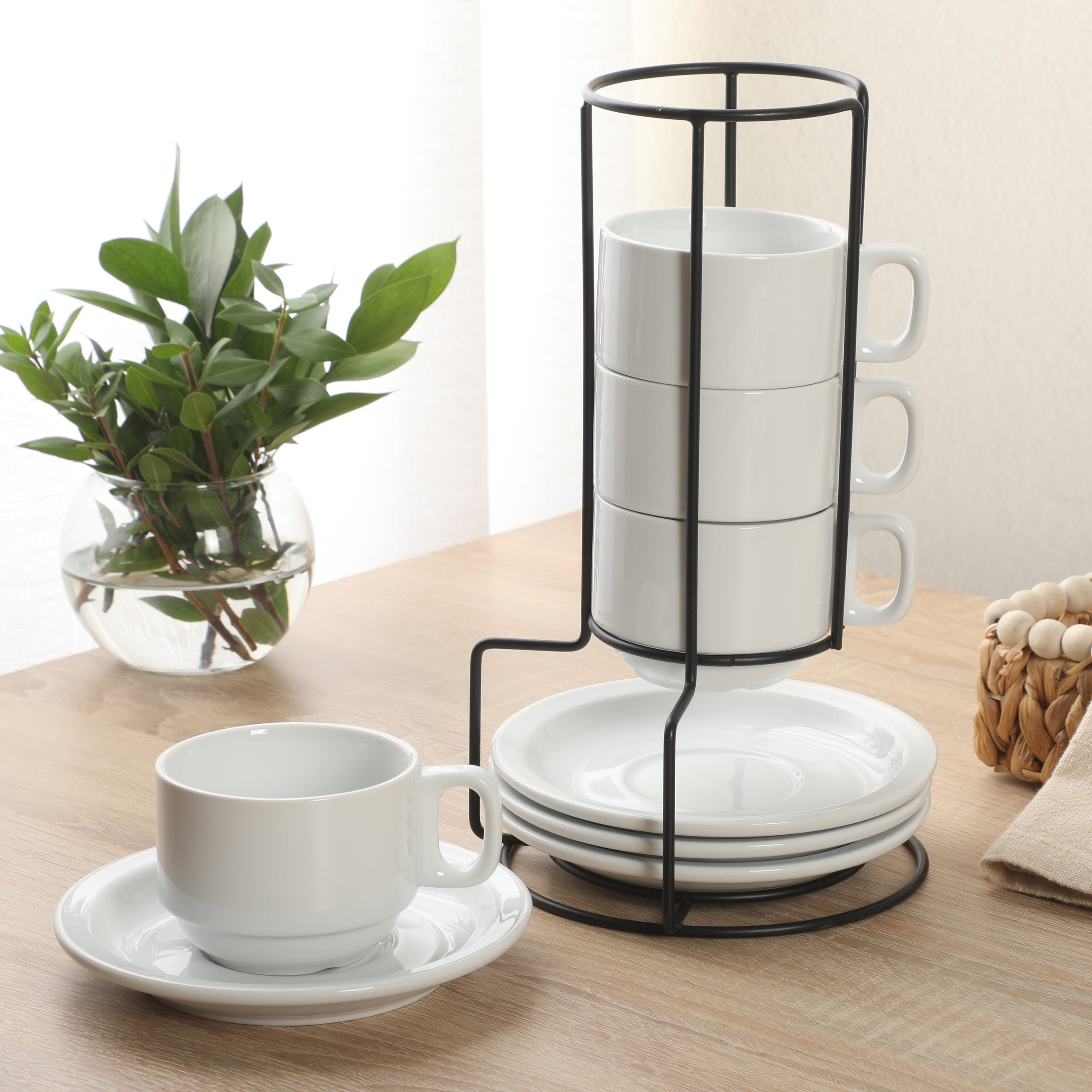Gibson Home Gracious Dining 7-Ounce Cappuccino Cups Set of 4, Stackable Coffee Cups with 4 Saucers, Metal Stand, Coffee Mugs for Latte, Café, Mocha, Tea - Image 4