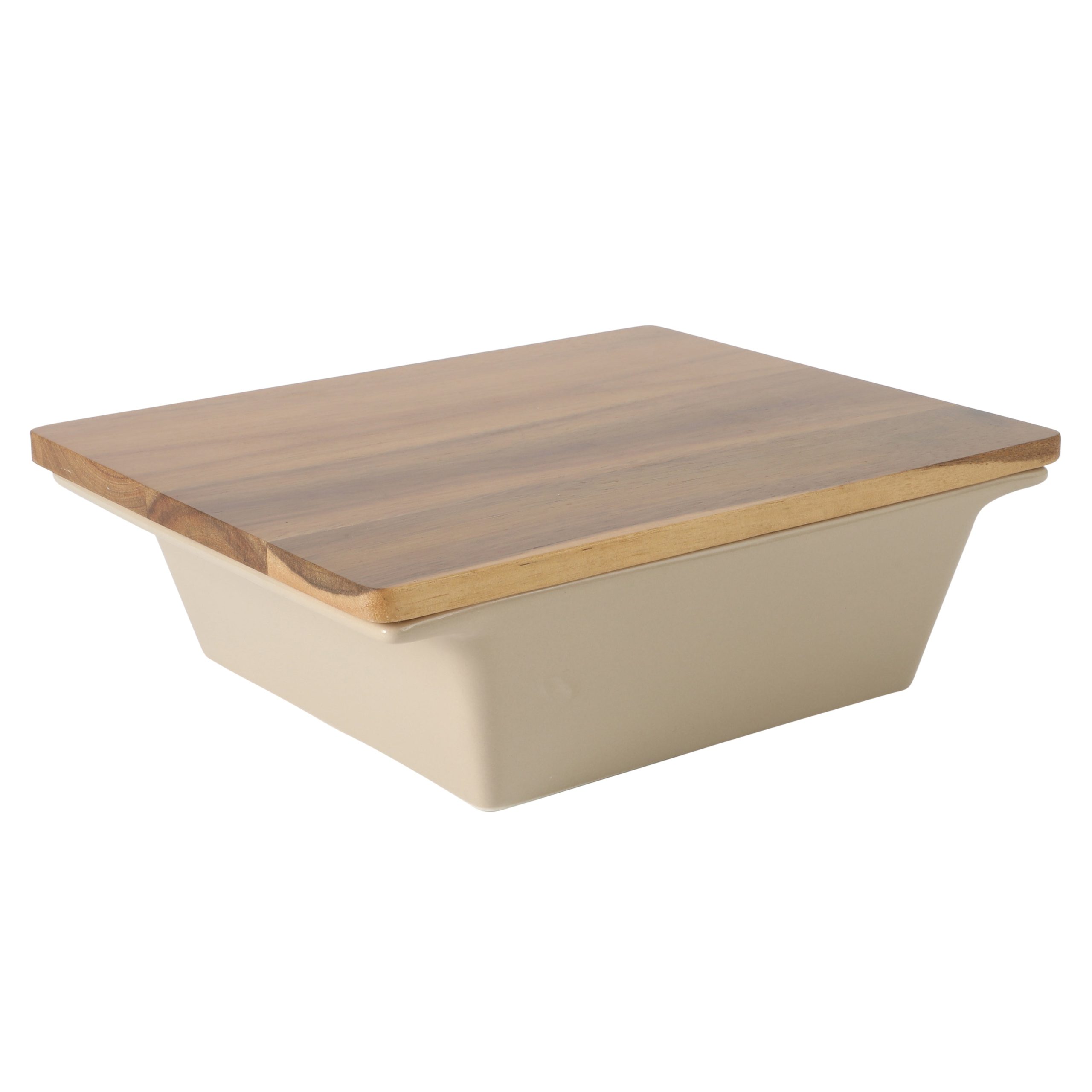 Gibson Elite 2-Quart 10" x 8.5" Stoneware Baking Dish with Acacia Wood Lid – Taupe Rectangular Oven Safe Baker for Casseroles, Roasting & Serving - Image 6