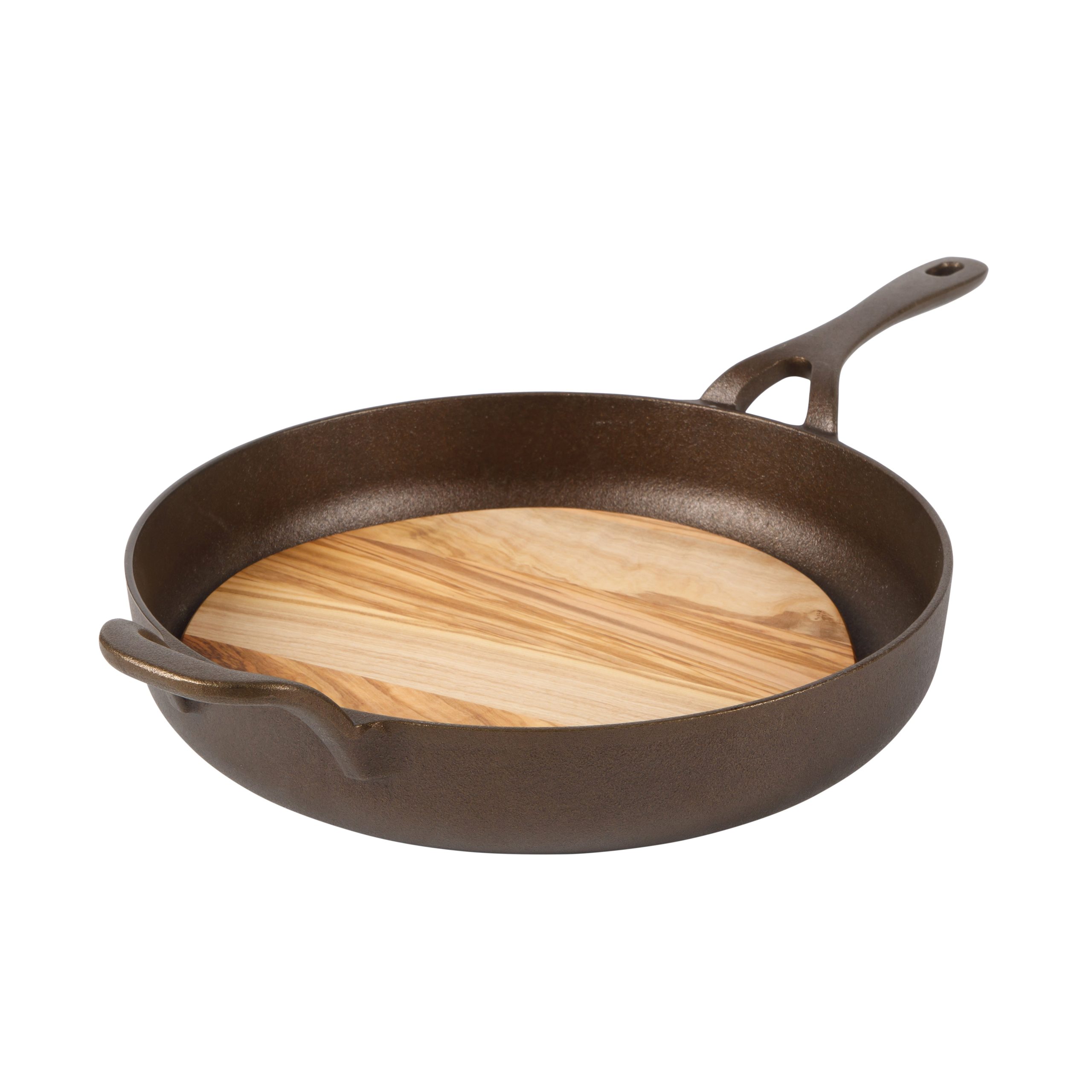 Bloomhouse Natural Bronze Finish Cast Iron Skillet with Long Handle, Helper Handle & Olive Wood Trivet – Olive Oil Treated Fry Pan, Oven & Stovetop Safe - Image 4