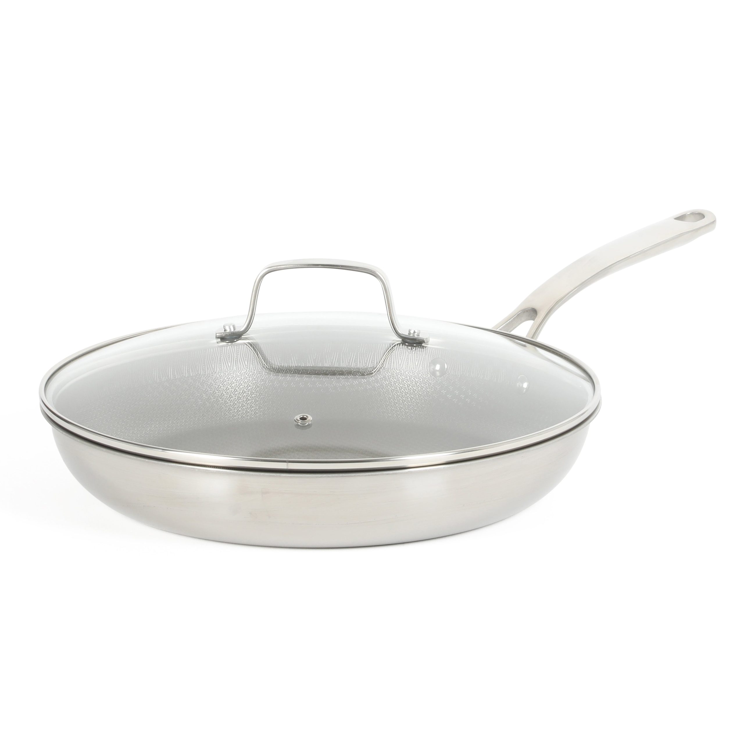 Martha Stewart Badgley Hybrid Nonstick 12 Inch TriPly Stainless Steel Large Fry Pan With Lid & Stay Cool Handle - Laser Etched Non-Toxic Nonstick Skillet - Dishwasher and Induction Safe