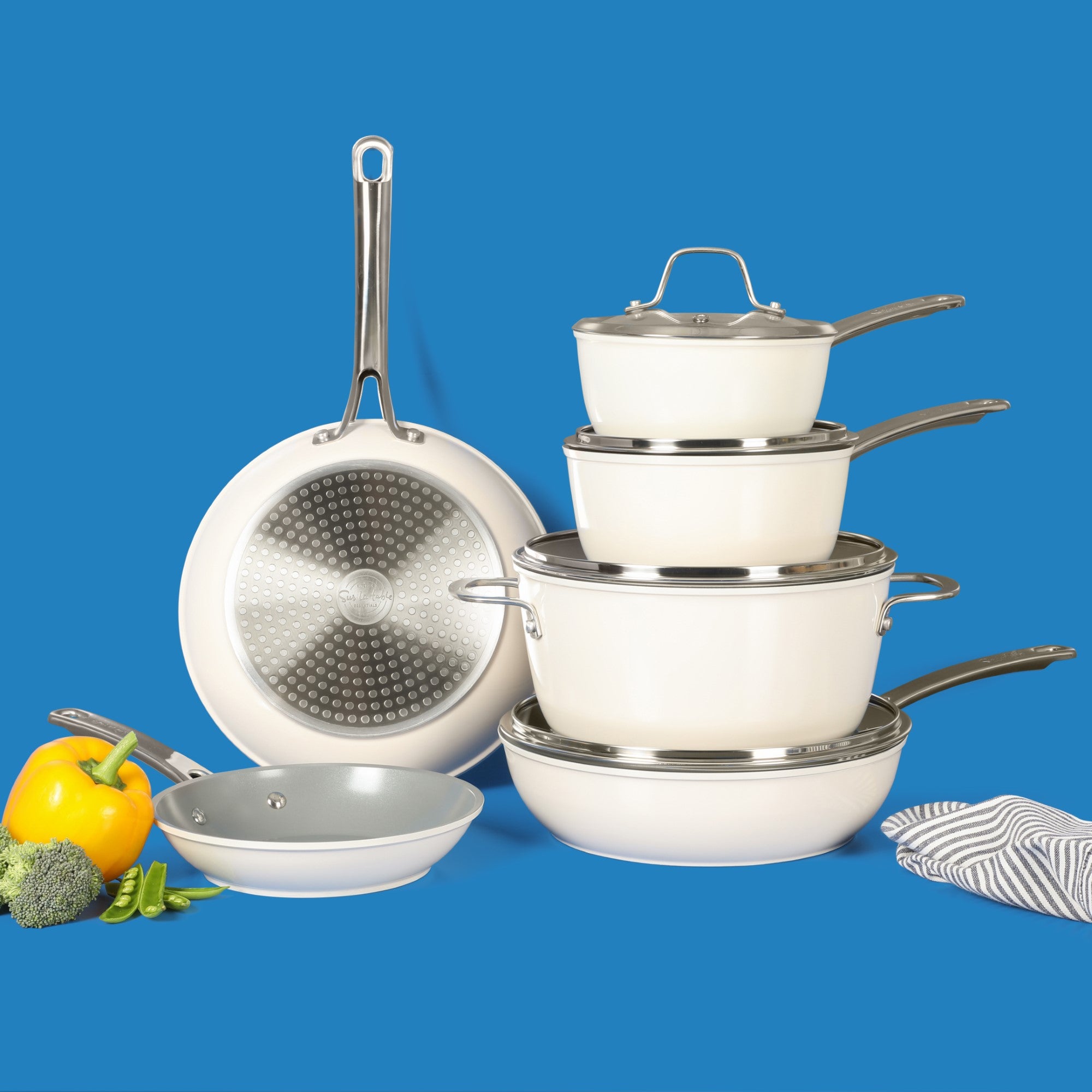 Sur La Table Kitchen Essentials Viva La Cantina 10 Piece PFA Free Titanium Ceramic Nonstick Interior Forged Aluminum Cookware Pots and Pans Set - 2 Tone White & Silver - Induction Compatible - Image 8