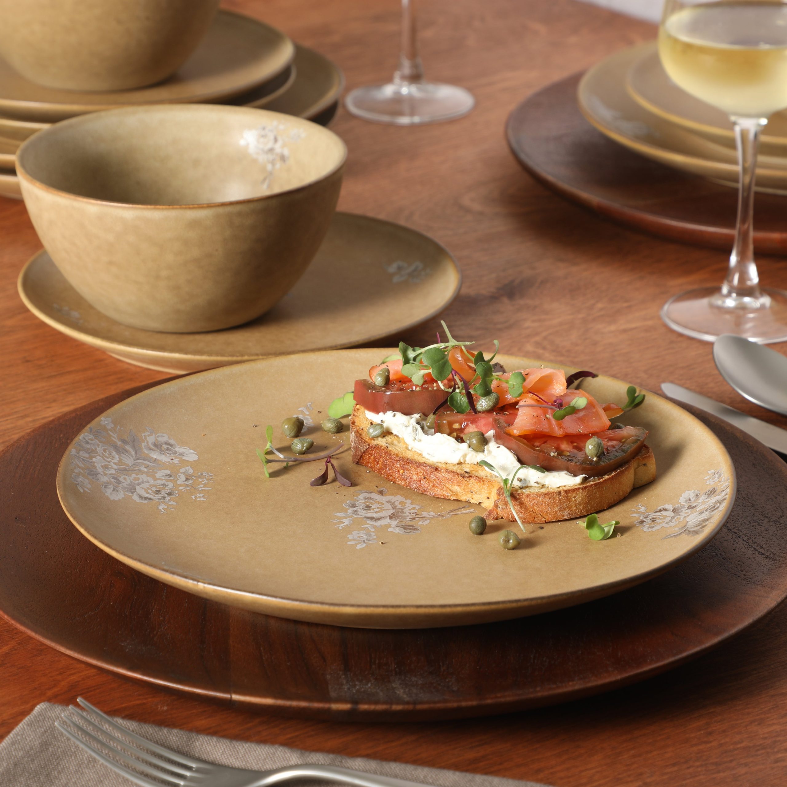 Gibson Elite Valencia Bloom 12 Piece Plates and Bowls Dinnerware Set - Taupe with Floral Decal Dishes - Microwave and Dishwasher Safe - Image 2