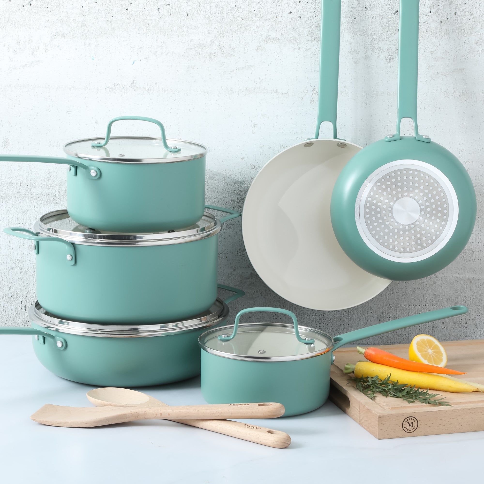 Martha Stewart Emmeline Premium Nonstick PFA Free Ceramic Interior 12 Piece Heavy Gauge Enamel Aluminum Pots and Pans Cookware Set - Image 12