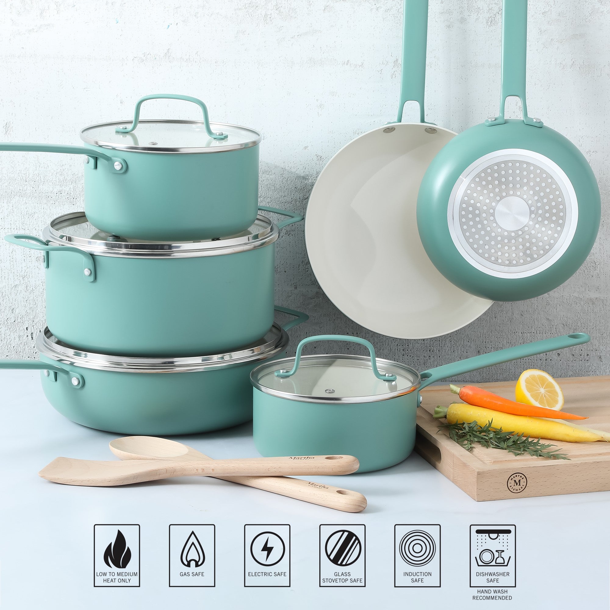 Martha Stewart Emmeline Premium Nonstick PFA Free Ceramic Interior 12 Piece Heavy Gauge Enamel Aluminum Pots and Pans Cookware Set - Image 2