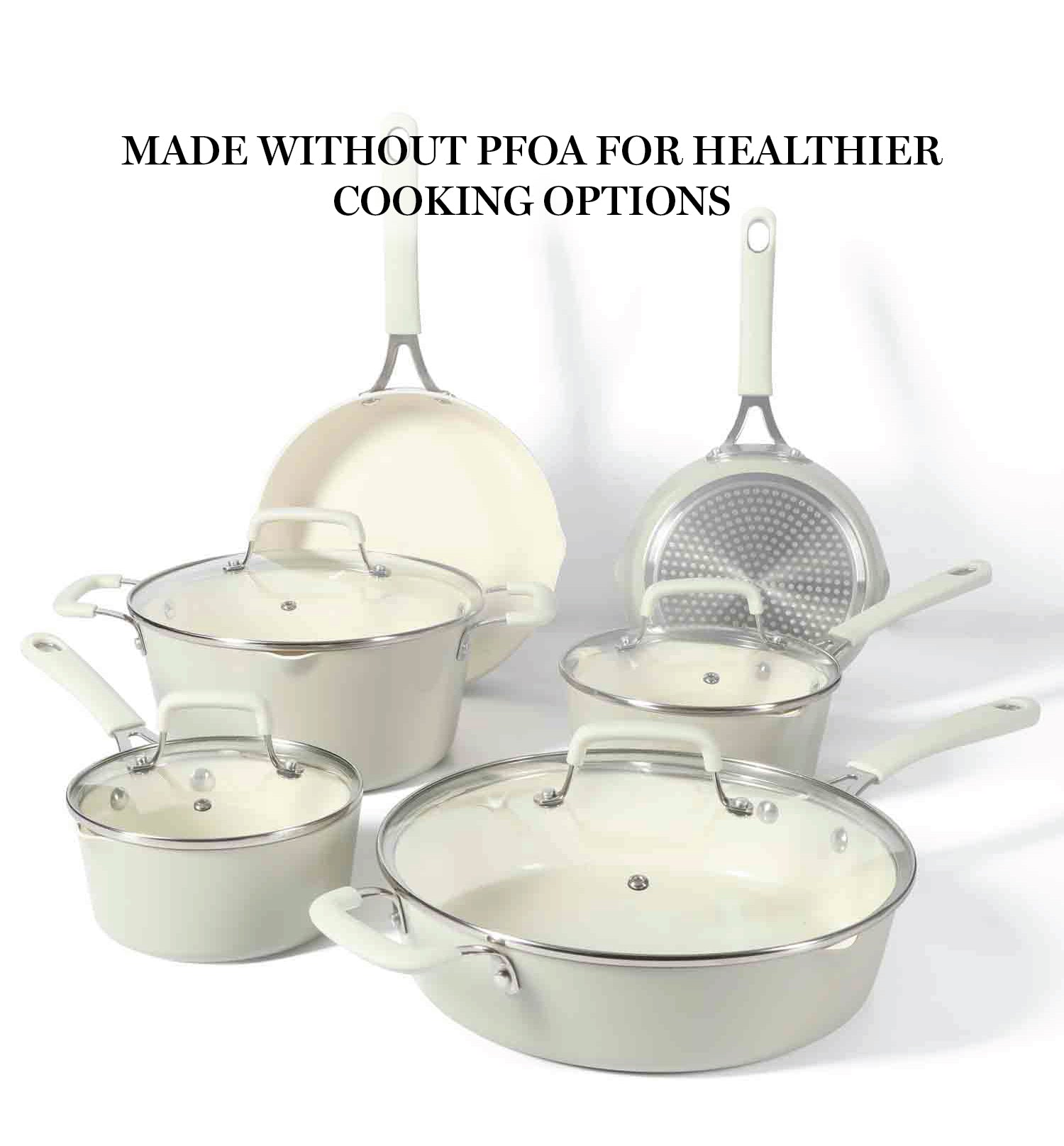 Martha Stewart Heathland Premium Nonstick PFA Free Ceramic Interior 10-Piece Tapered Aluminum Cookware Set - Linen White - Image 5
