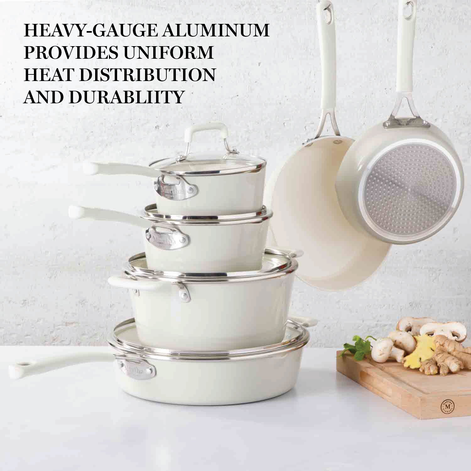 Martha Stewart Heathland Premium Nonstick PFA Free Ceramic Interior 10-Piece Tapered Aluminum Cookware Set - Linen White - Image 4