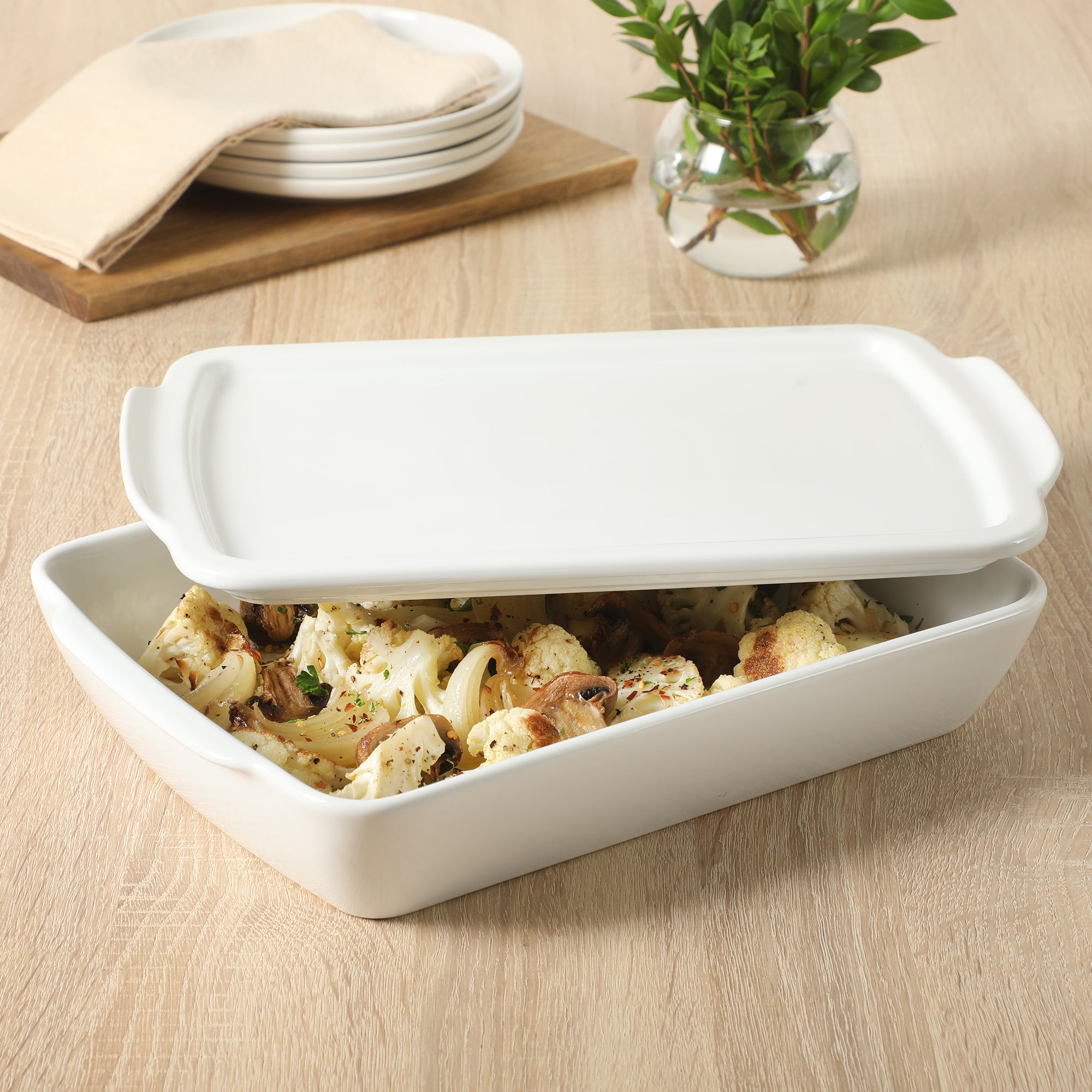 Gibson Home Gracious Dining 2.6-Quart White Stoneware Covered Baking Dish with Multi-Purpose Lid – 12.7 x 9-Inch Rectangular Oven Safe Casserole, Lasagna & Roasting Baker, Lid Doubles as Serveware or Trivet - Image 6