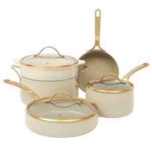 Bloomhouse 8 Piece Pots and Pans Heavy Duty Aluminum Premium PFA Free Ceramic Nonstick Dutch Oven Pot with Lid - Linen White with Gold Handle