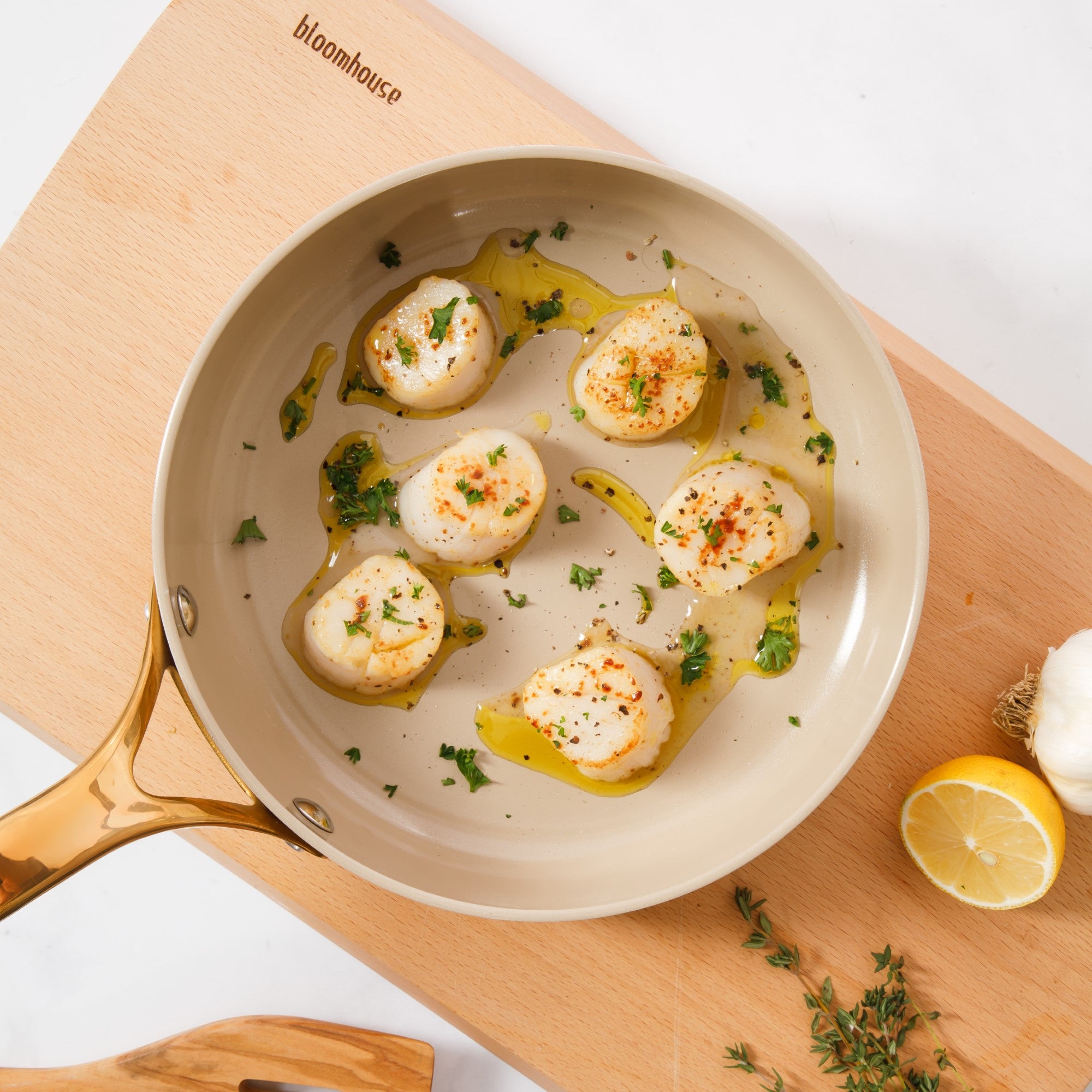 Bloomhouse 8 Inch Heavy Duty Aluminum Premium PFA Free Ceramic Nonstick Saute/Deep Frying Pan Skillet - Linen White with Gold Handle - Image 3