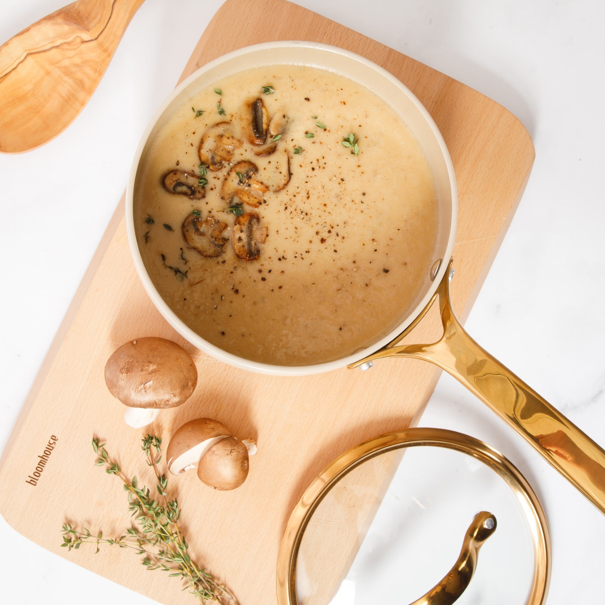 Bloomhouse 3 Quart Heavy Duty Aluminum Premium PFA Free Ceramic Nonstick Saucepan with Lid - Linen White with Gold Handle - Image 9