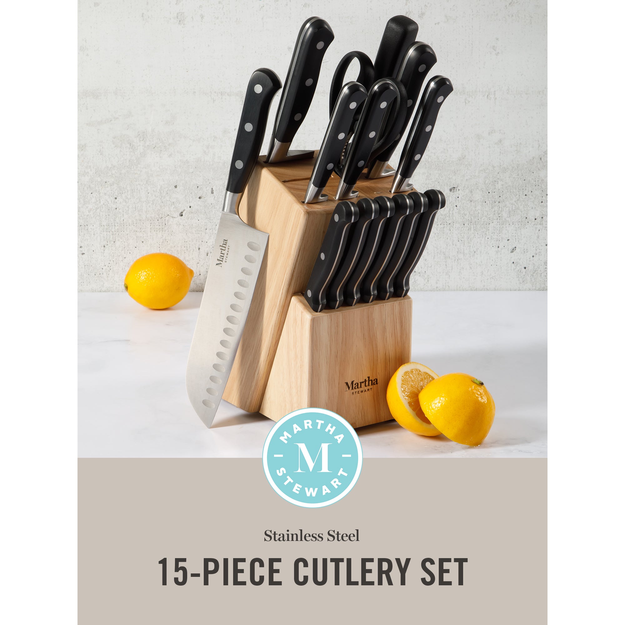 Martha Stewart Carverton 14 Piece High Carbon Stainless Steel Cutlery Kitchen Knife Block Set w/ABS Triple Riveted Forged Handle Wood Block - Black - Image 2