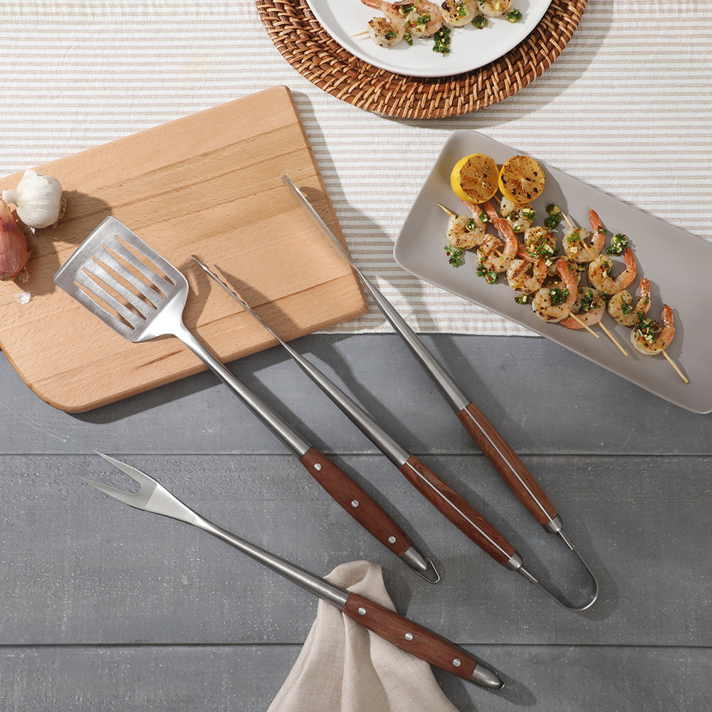 Sur La Table Kitchen Essentials Family Cookout Heavy Duty Stainless Steel Grilling Tool Set W/ Wooden Handles, Tongs, Slotted Turner, and Fork Set - Image 5