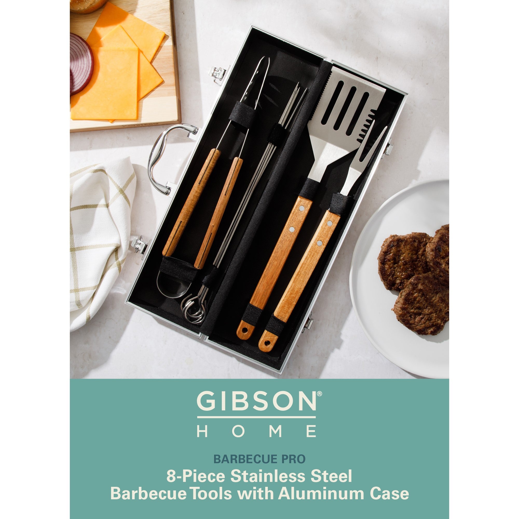 Gibson Home Barbeque Pro 8 Piece BBQ Tools W/ Acacia Wood Handles and Aluminum Storage Box - Image 2