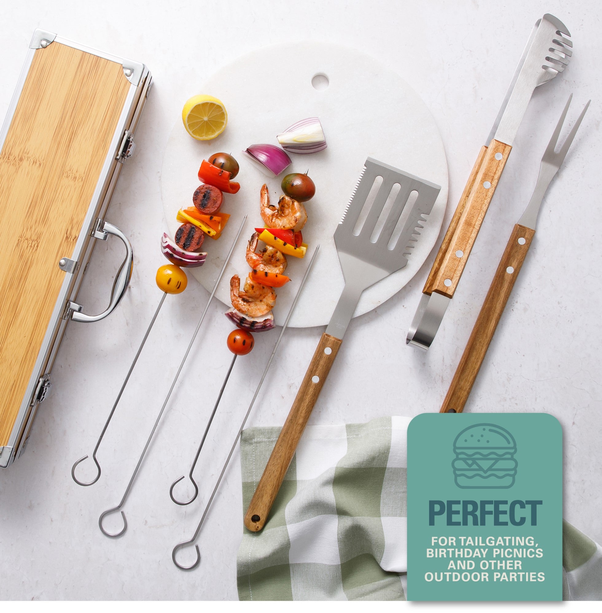 Gibson Home Barbeque Pro 8 Piece BBQ Tools W/ Acacia Wood Handles and Aluminum Storage Box - Image 4