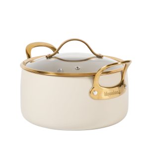 Bloomhouse 6 Quart Heavy Duty Aluminum Premium PFA Free Ceramic Nonstick Dutch Oven Pot with Lid - Linen White with Gold Handle